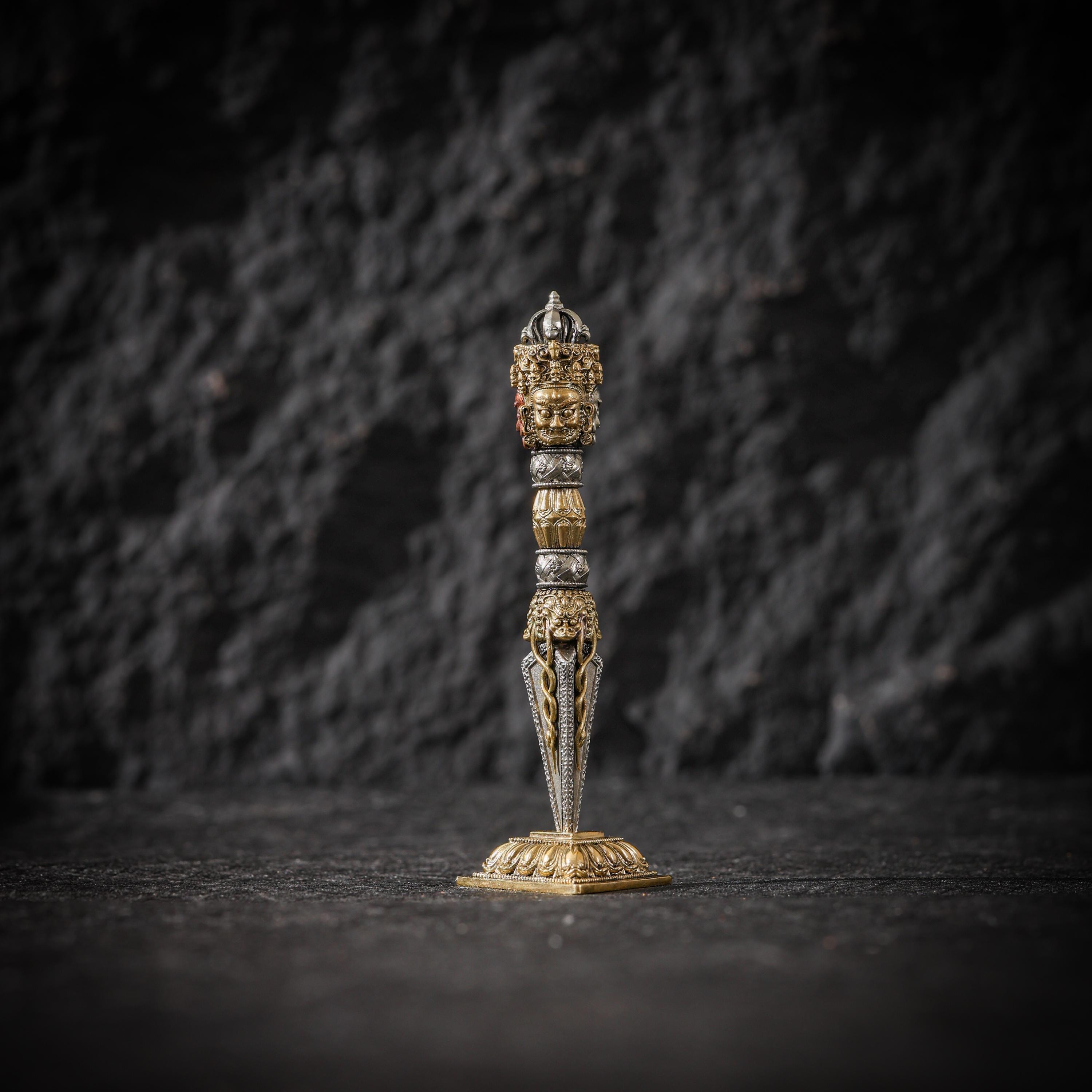 AURA DEER Tibetan Brass Phurba Dagger Statue, Vajrakilaya Ritual Decor, Three-Sided Vajra with Stand