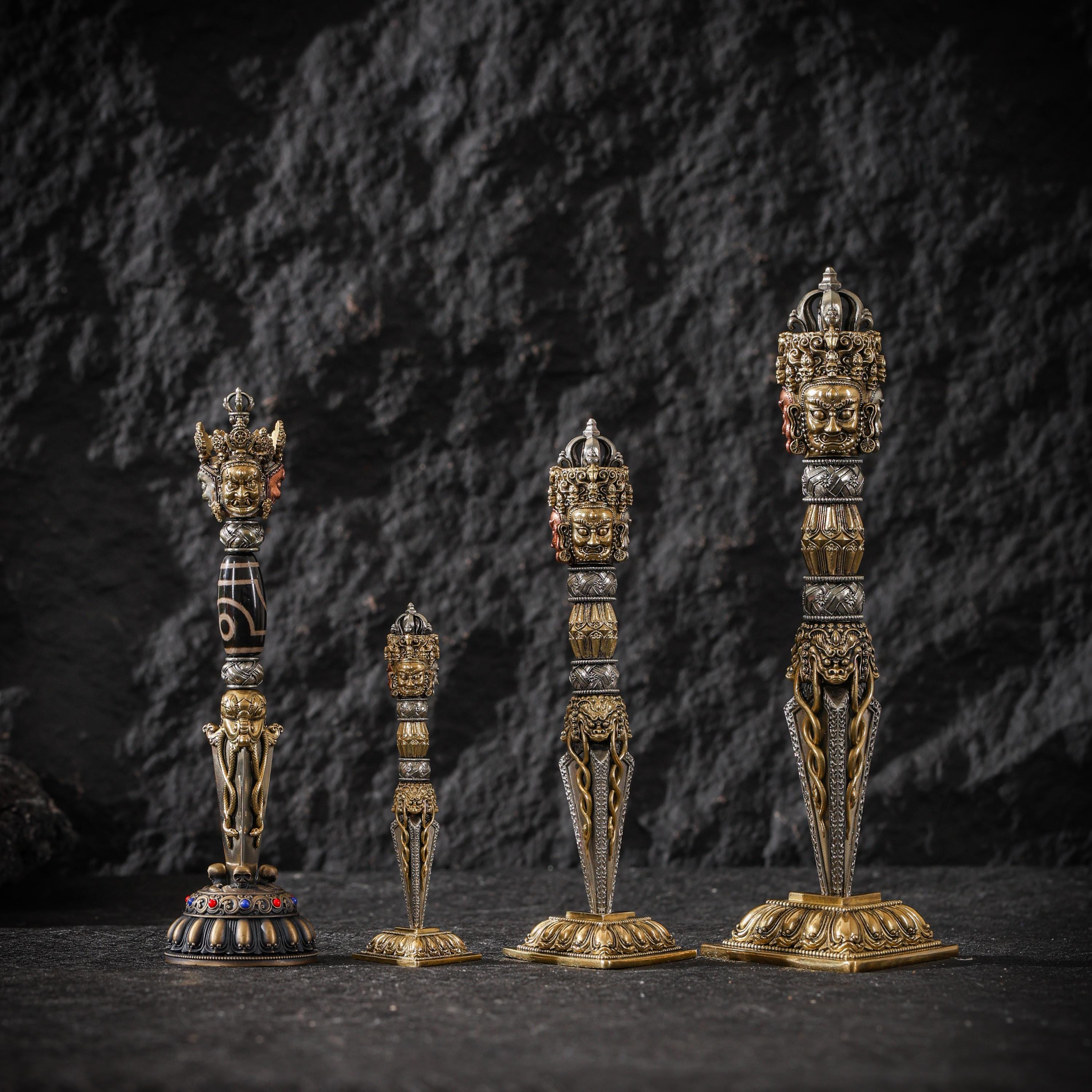 AURA DEER Tibetan Brass Phurba Dagger Statue, Vajrakilaya Ritual Decor, Three-Sided Vajra with Stand