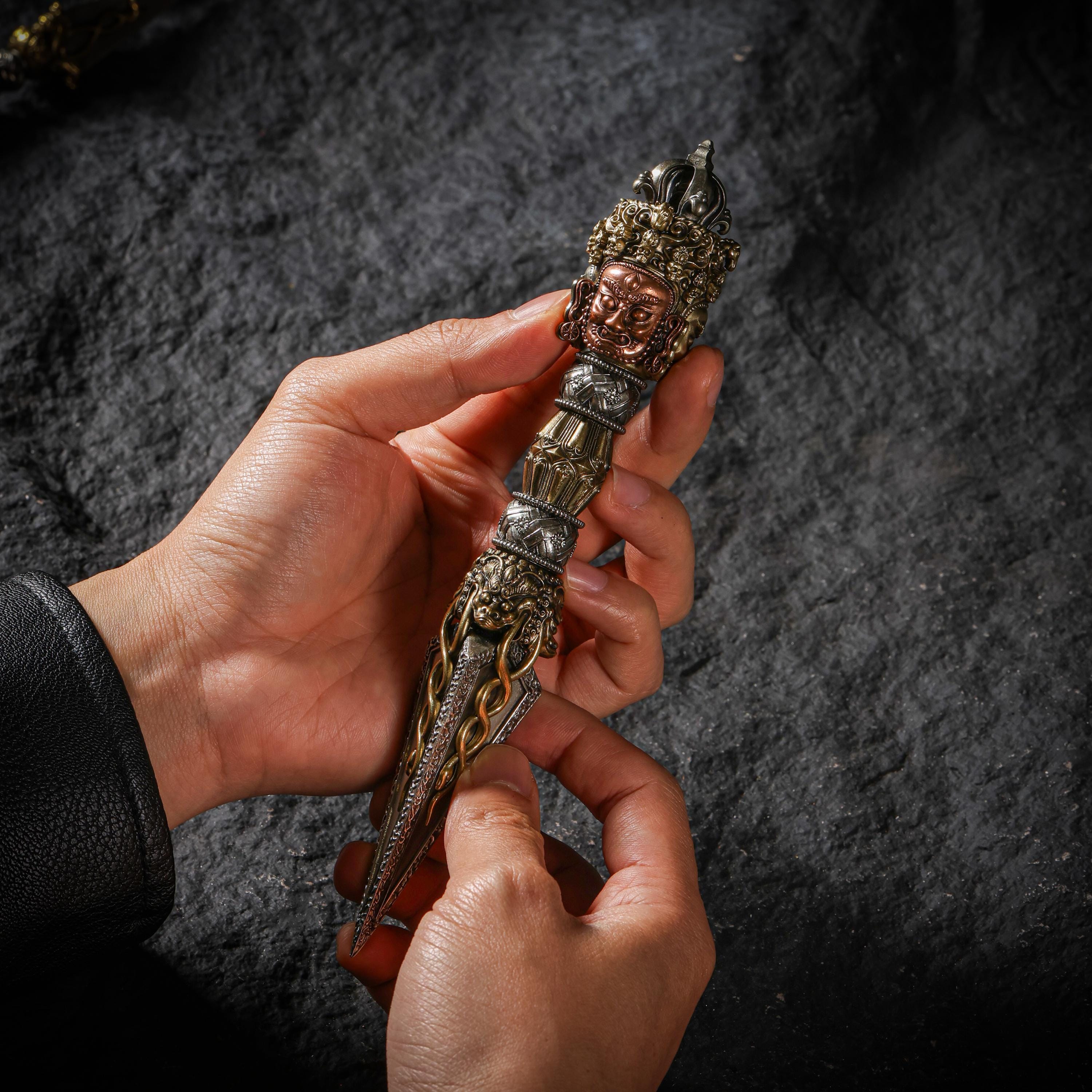 AURA DEER Tibetan Brass Phurba Dagger Statue, Vajrakilaya Ritual Decor, Three-Sided Vajra with Stand