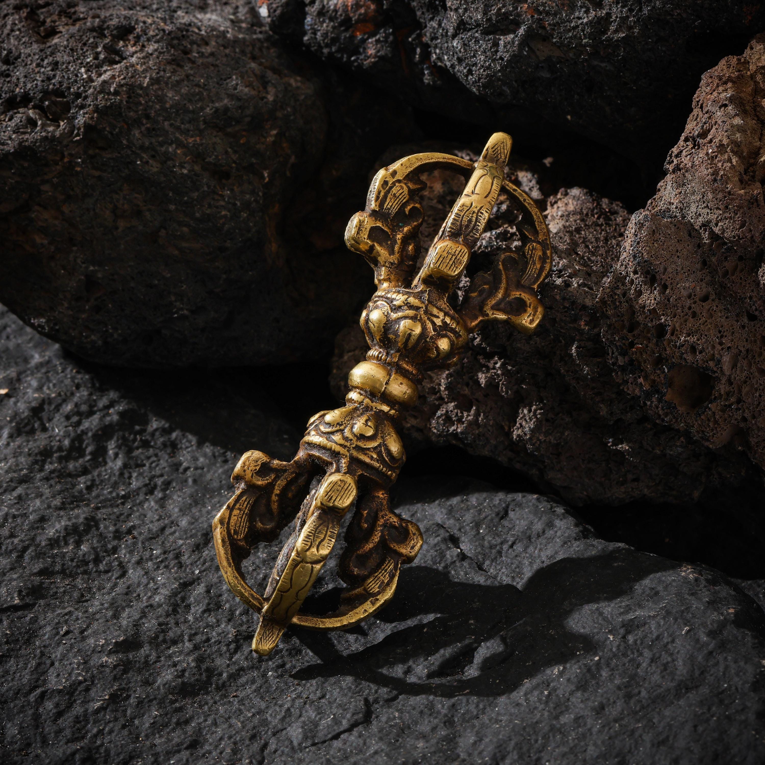 AURA DEER Tibetan Brass Bell and Vajra Set, Five-Prong Dorje, Altar Decor, Meditation Ritual