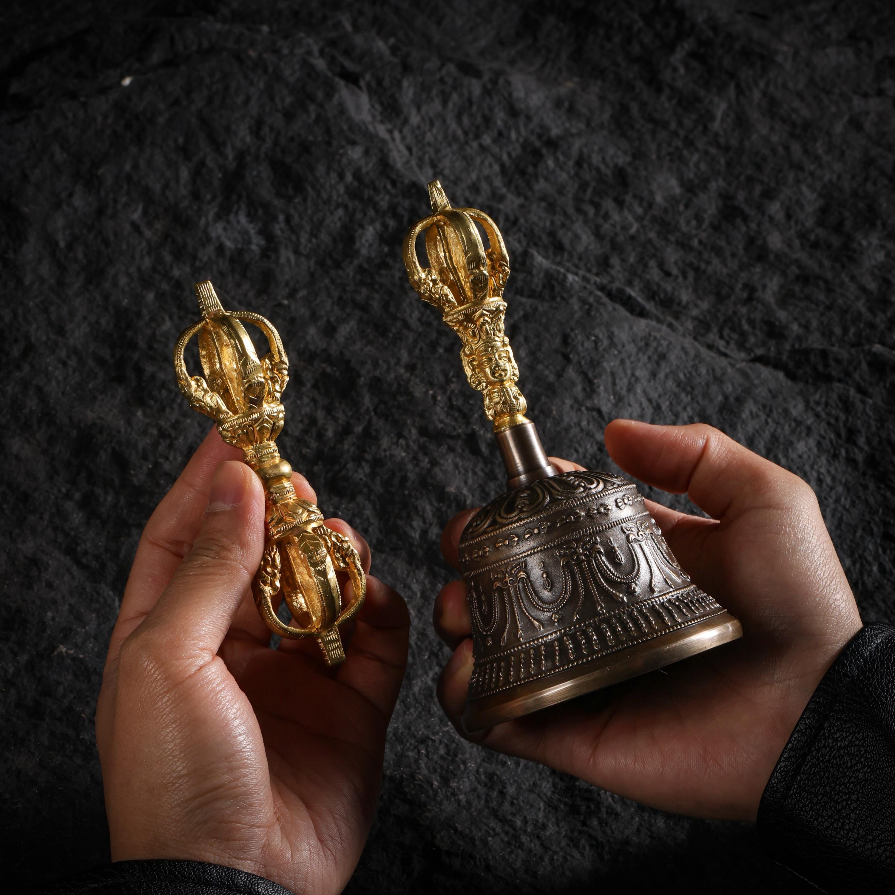 AURA DEER Tibetan Brass Bell and Vajra Set, Five-Prong Dorje, Altar Decor, Meditation Ritual