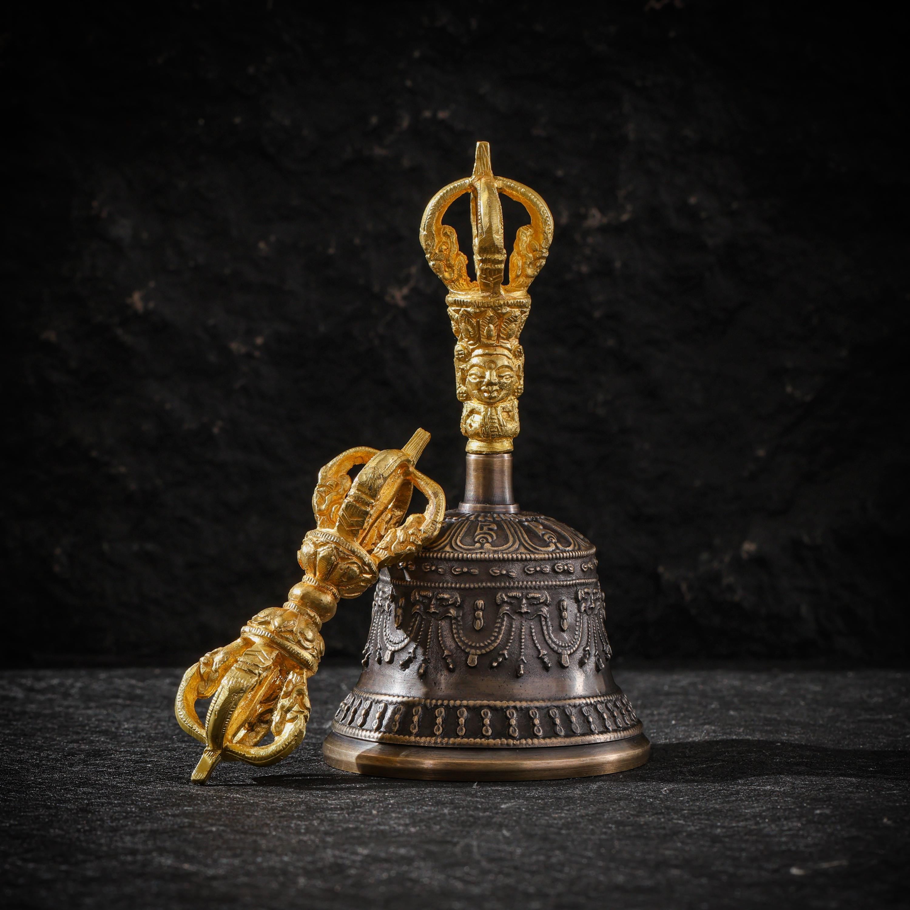 AURA DEER Tibetan Brass Bell and Vajra Set, Five-Prong Dorje, Altar Decor, Meditation Ritual