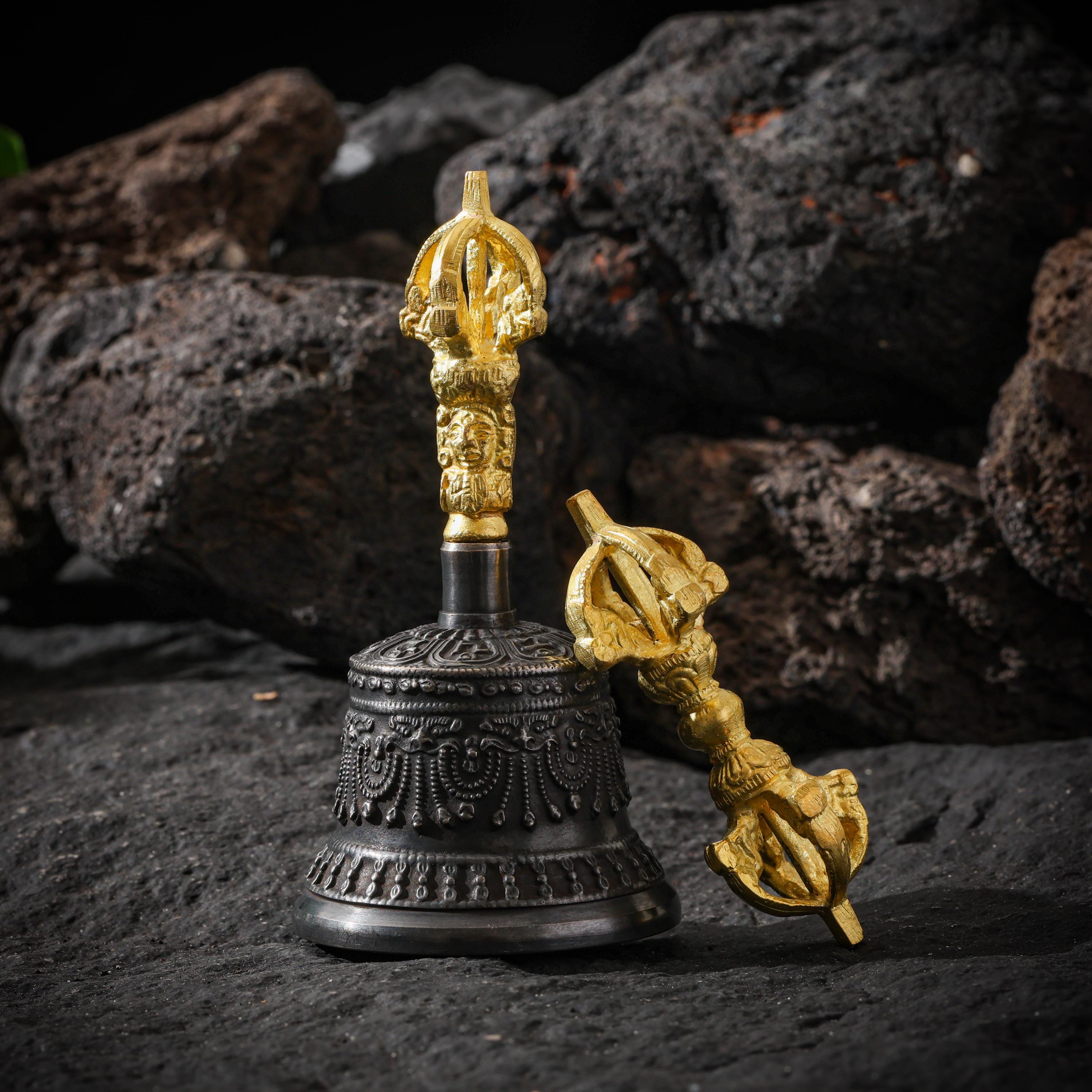 AURA DEER Tibetan Brass Bell and Vajra Set, Five-Prong Dorje, Altar Decor, Meditation Ritual