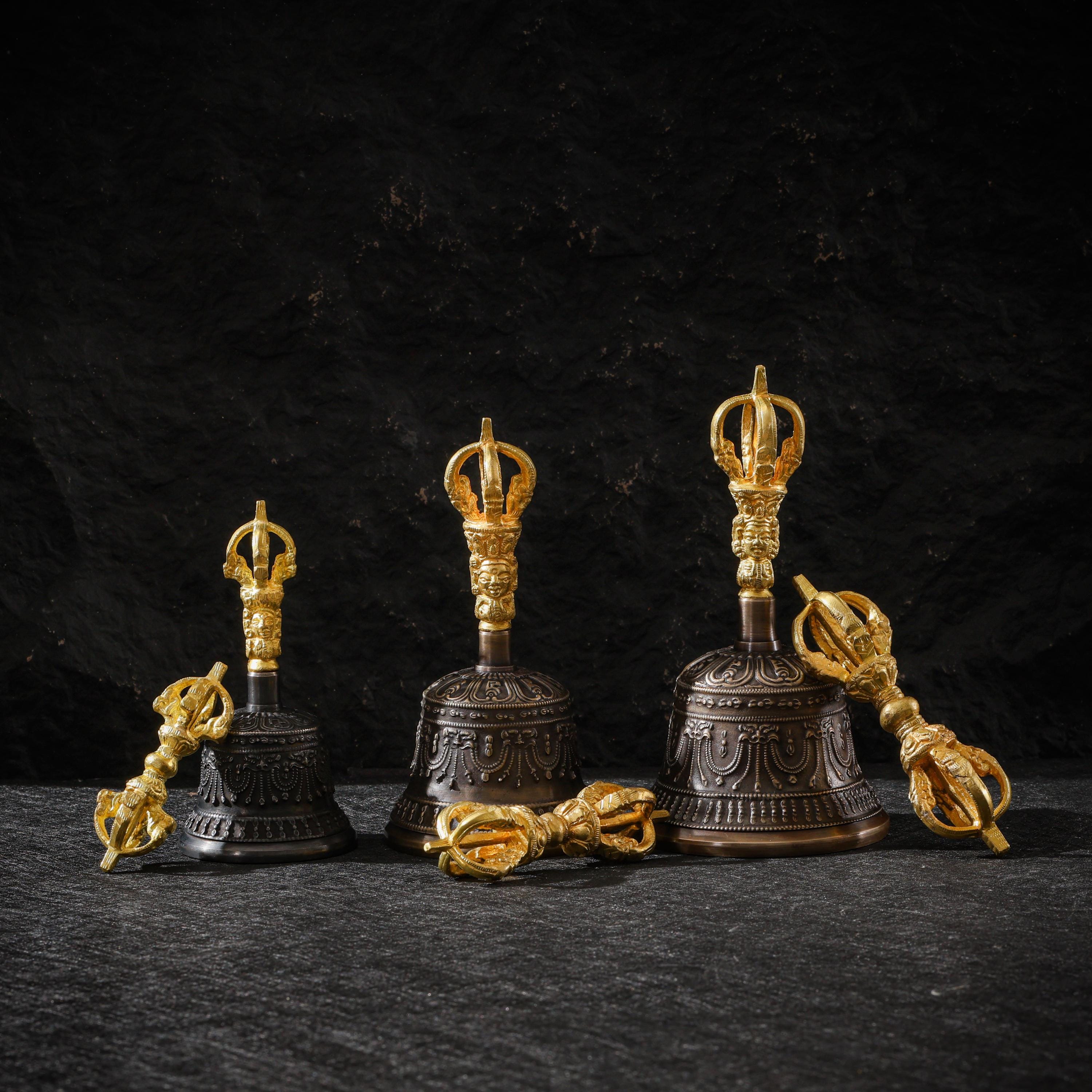 AURA DEER Tibetan Brass Bell and Vajra Set, Five-Prong Dorje, Altar Decor, Meditation Ritual