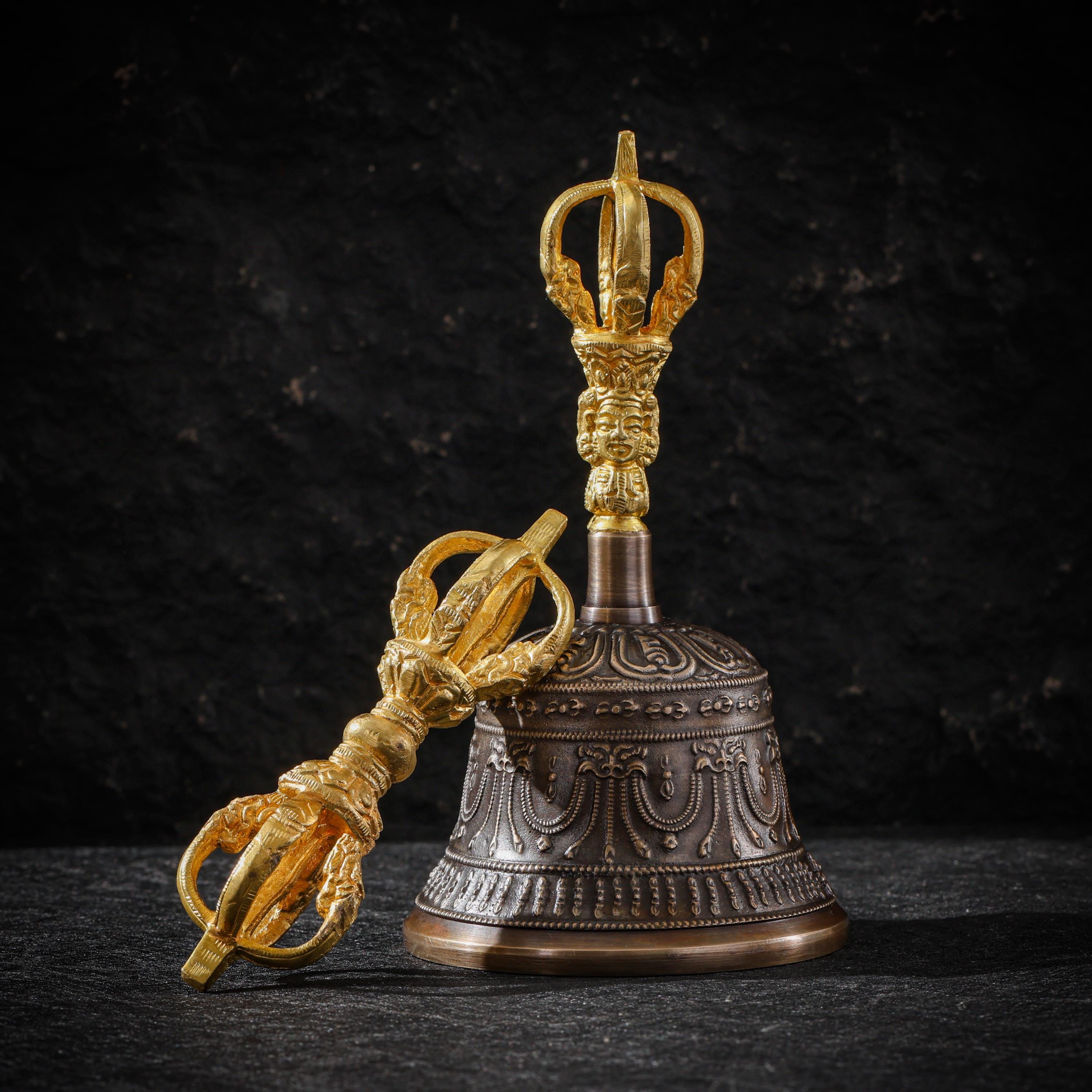AURA DEER Tibetan Brass Bell and Vajra Set, Five-Prong Dorje, Altar Decor, Meditation Ritual