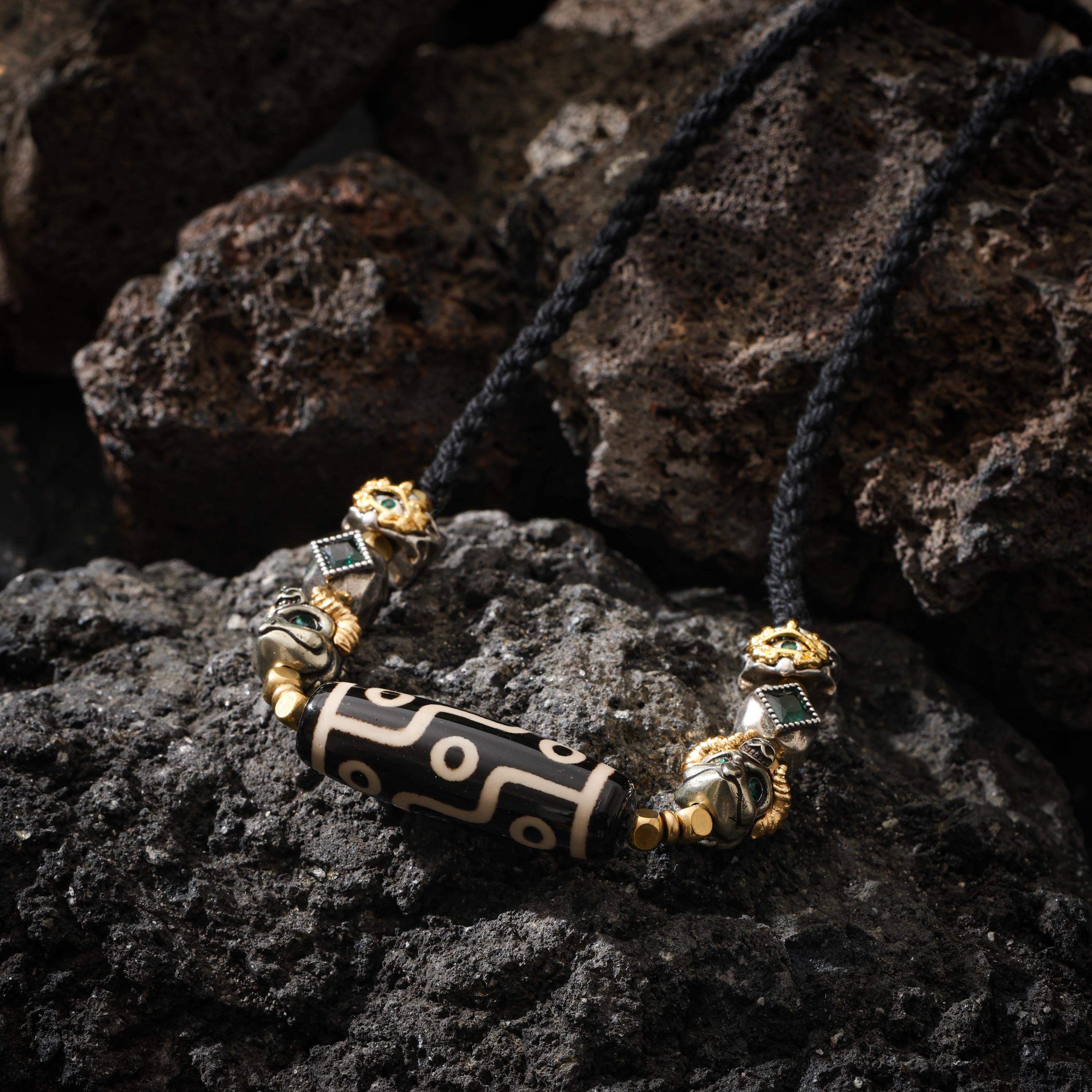 AURA DEER Tibetan Dzi Bead Necklace, Garuda Charms, Gemstone Accents, Adjustable