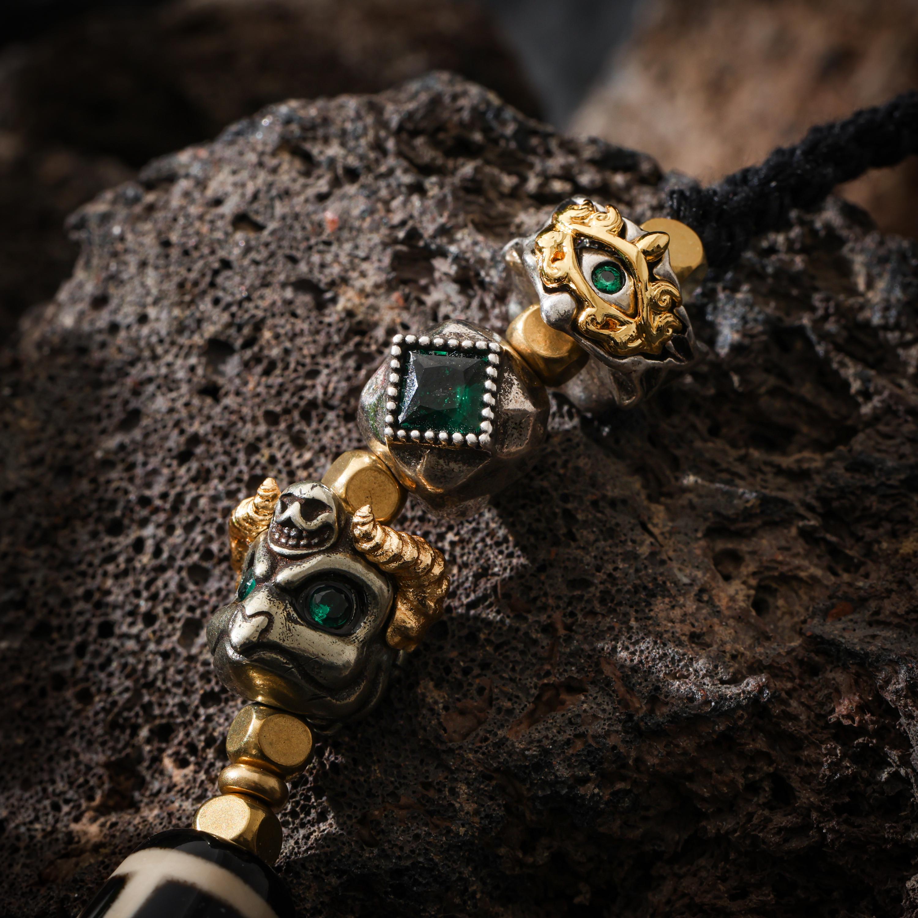 AURA DEER Tibetan Dzi Bead Necklace, Garuda Charms, Gemstone Accents, Adjustable