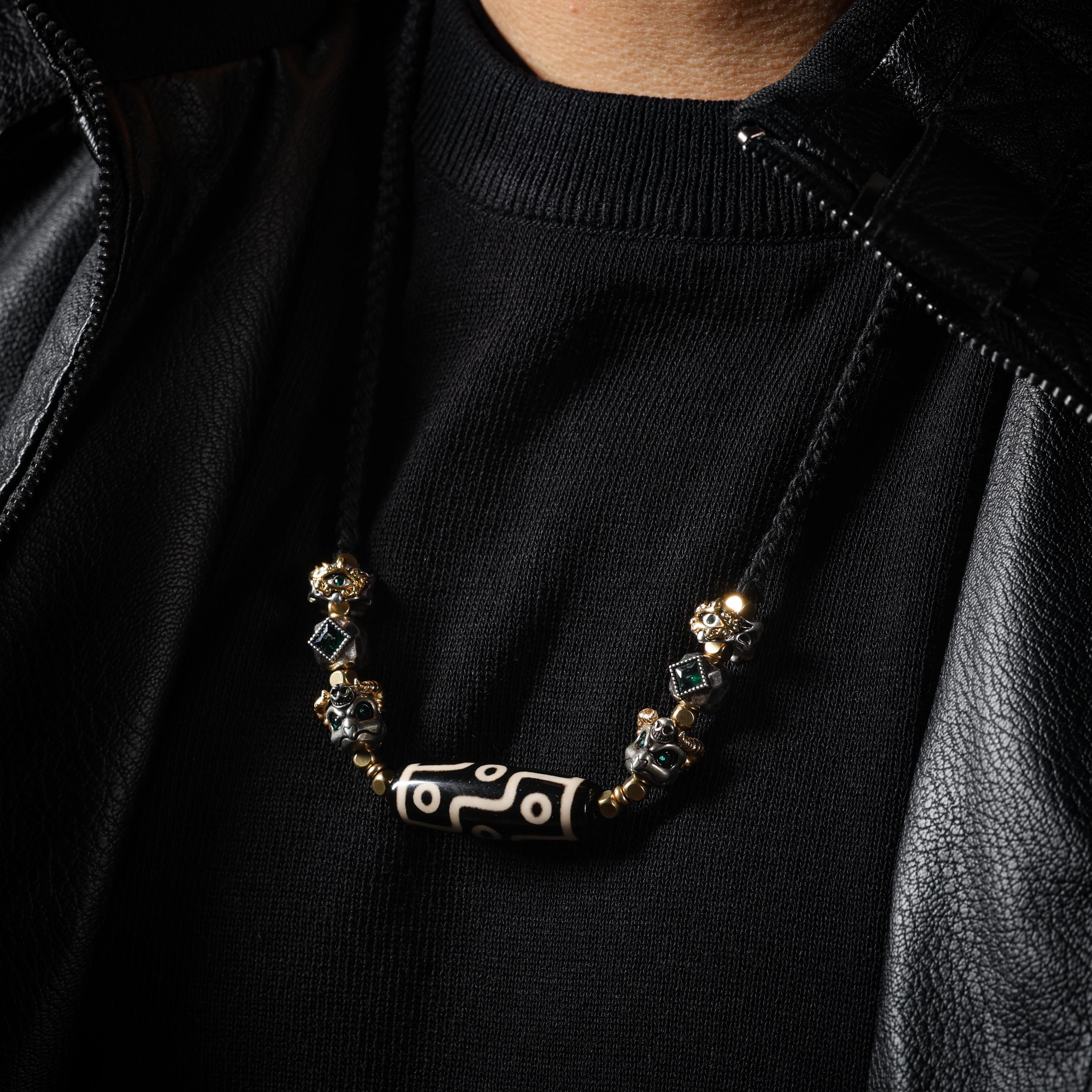 AURA DEER Tibetan Dzi Bead Necklace, Garuda Charms, Gemstone Accents, Adjustable