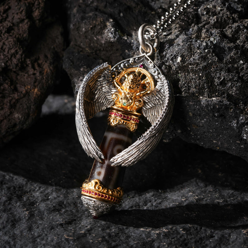 Garuda Dzi Rotating Wheel Pendant Necklace