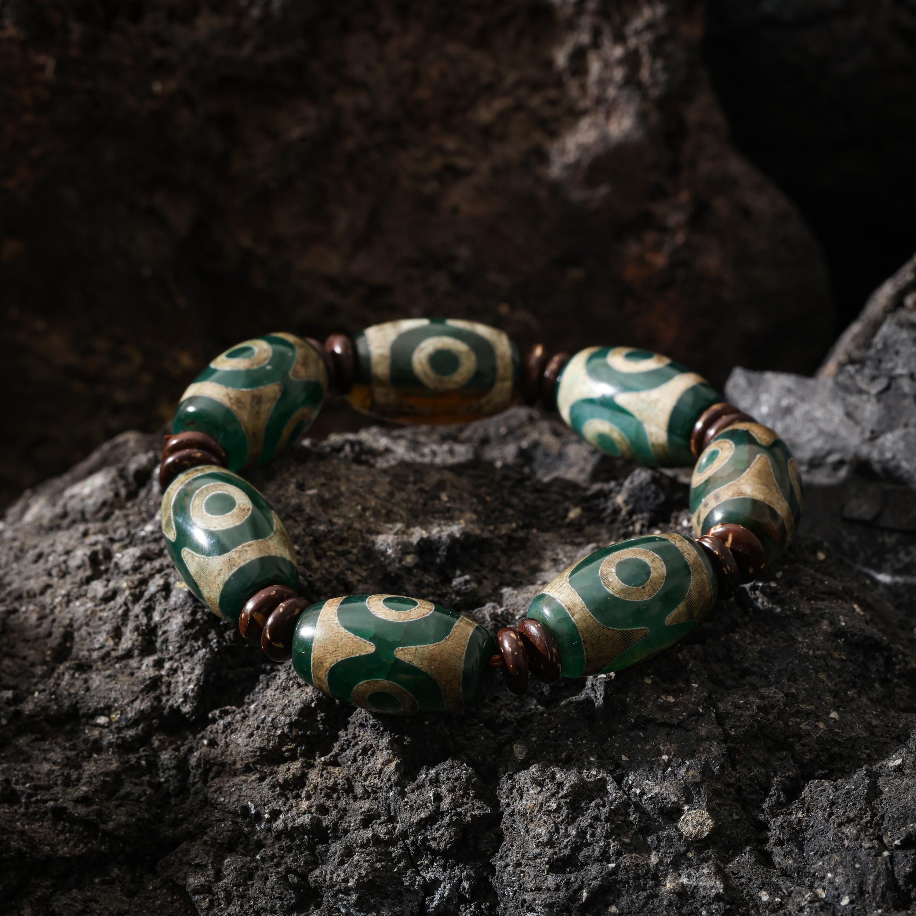 AURA DEER Tibetan Dzi Agate Bracelet Statement Stretch Bracelet Protective Talisman Jewelry