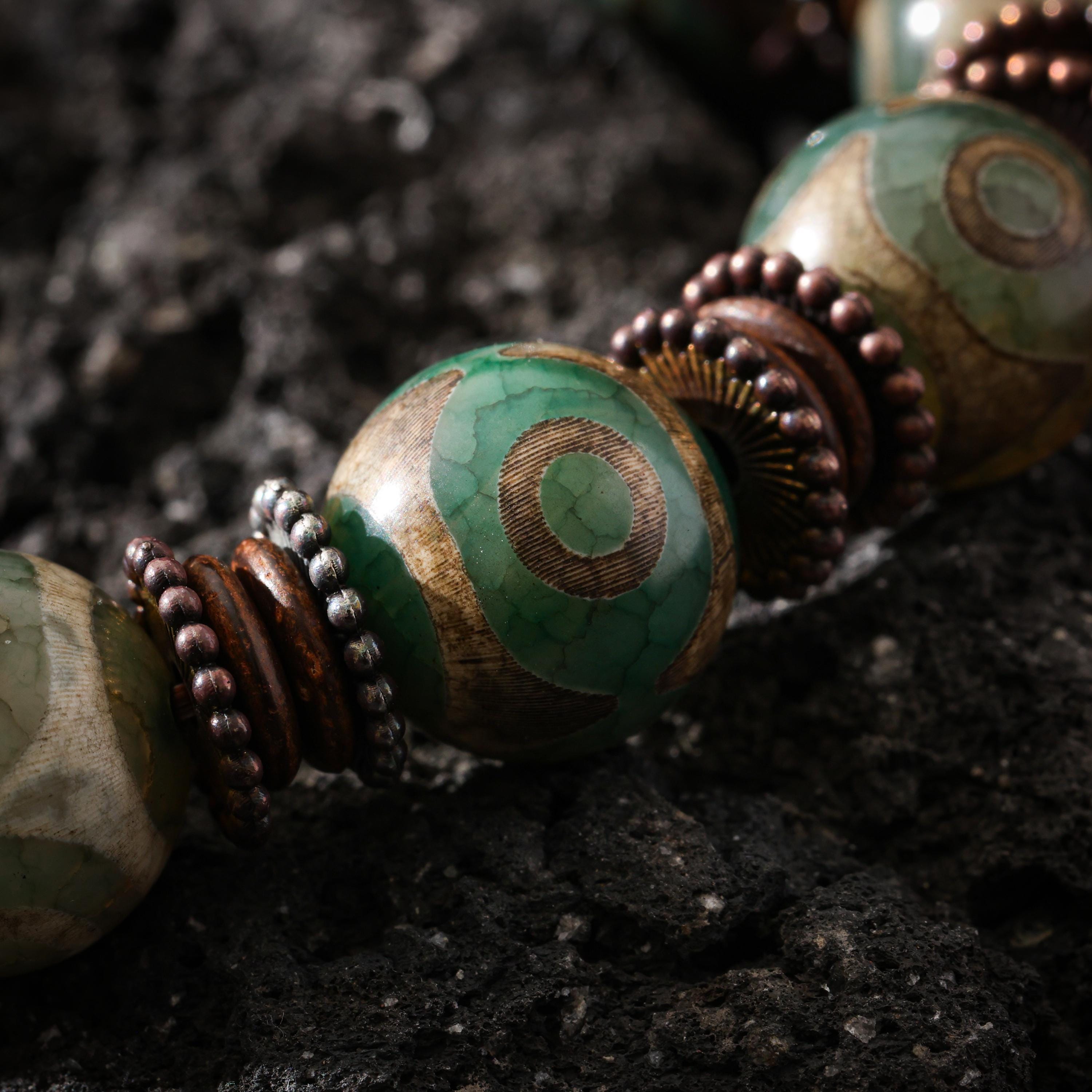 AURA DEER Tibetan Dzi Agate Bracelet Statement Stretch Bracelet Protective Talisman Jewelry