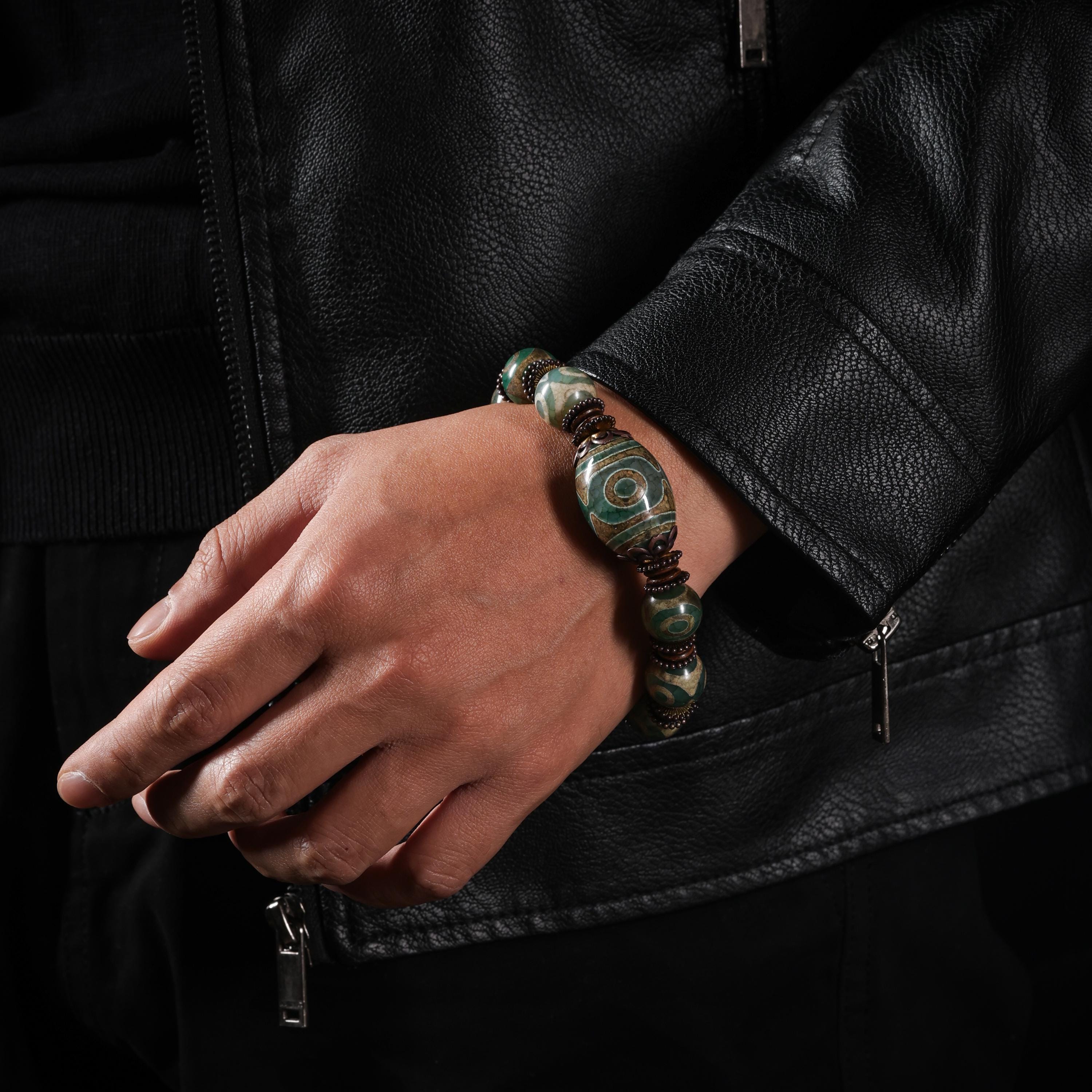 AURA DEER Tibetan Dzi Agate Bracelet Statement Stretch Bracelet Protective Talisman Jewelry