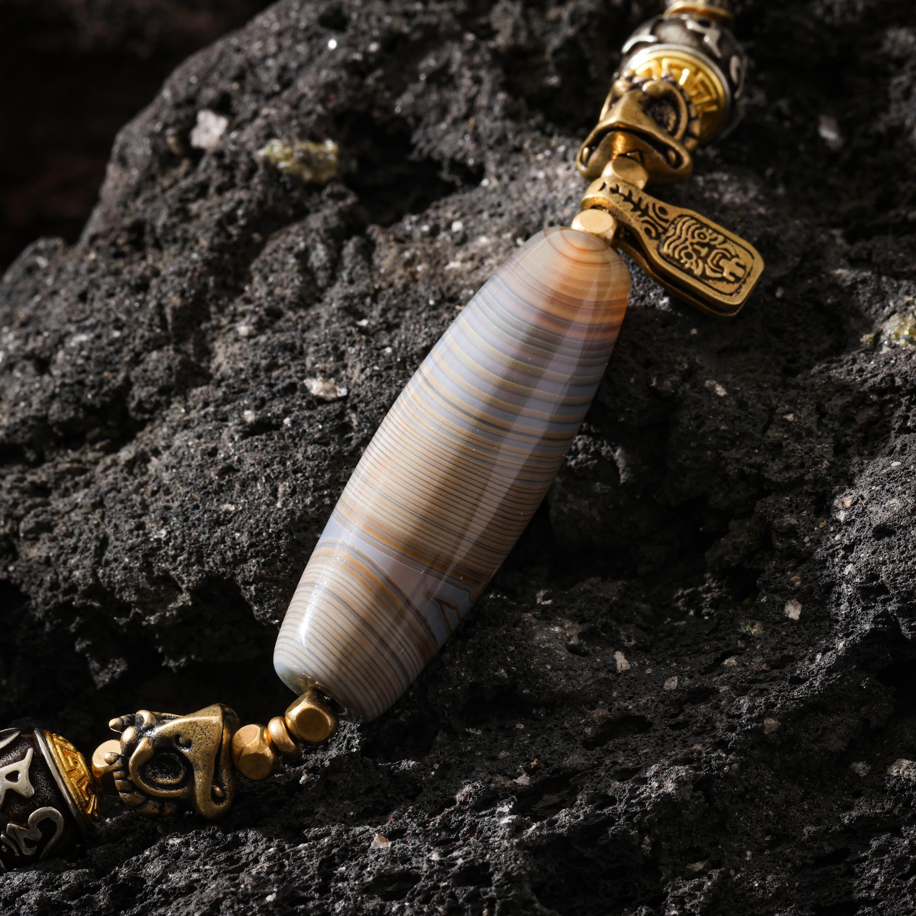 AURA DEER Blue Agate Dzi Pendant Necklace, Om Mani Padme Hum, Garuda, Zaki Charms