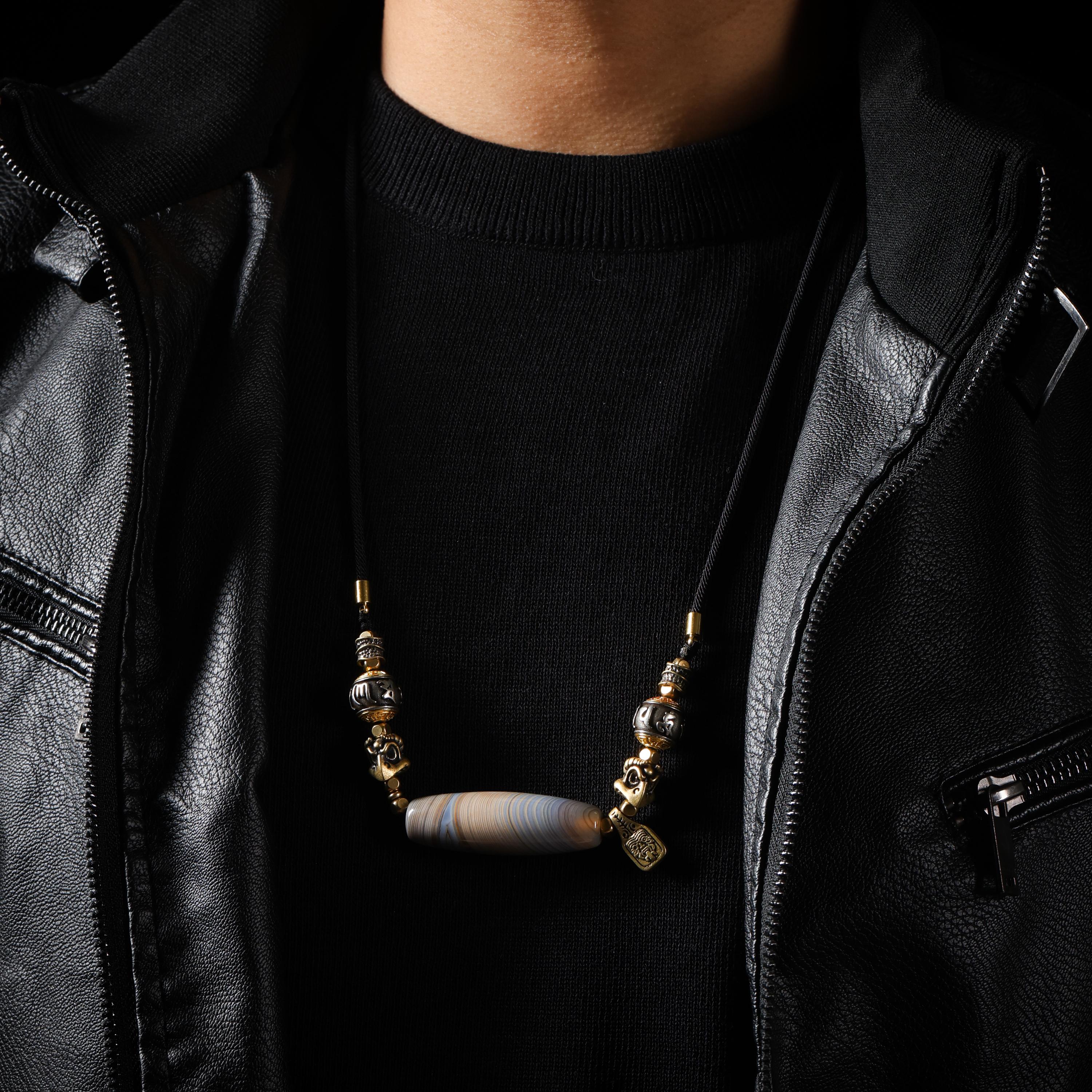 AURA DEER Blue Agate Dzi Pendant Necklace, Om Mani Padme Hum, Garuda, Zaki Charms