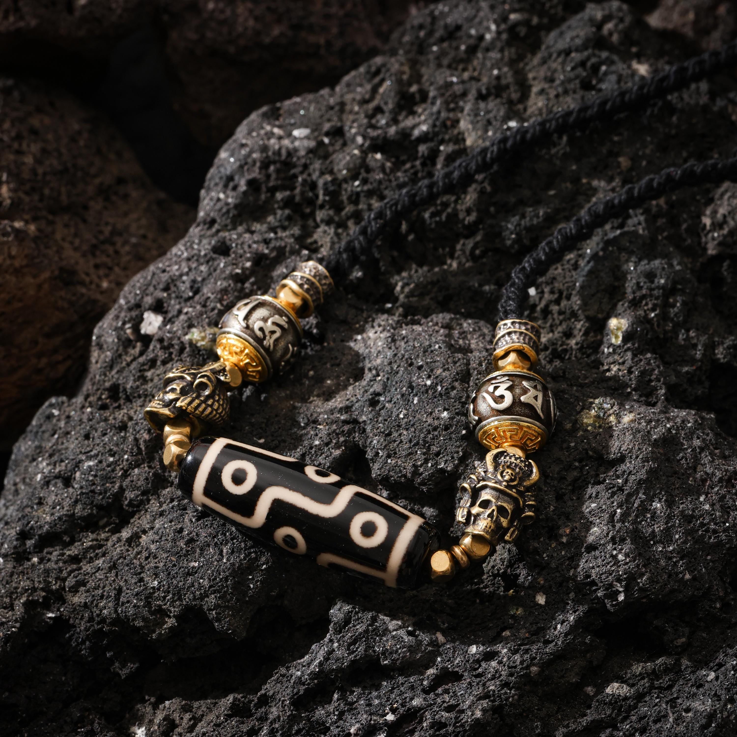 AURA DEER Dzi Bead Necklace, Om Mani Padme Hum, Skull Warrior Charms, Adjustable