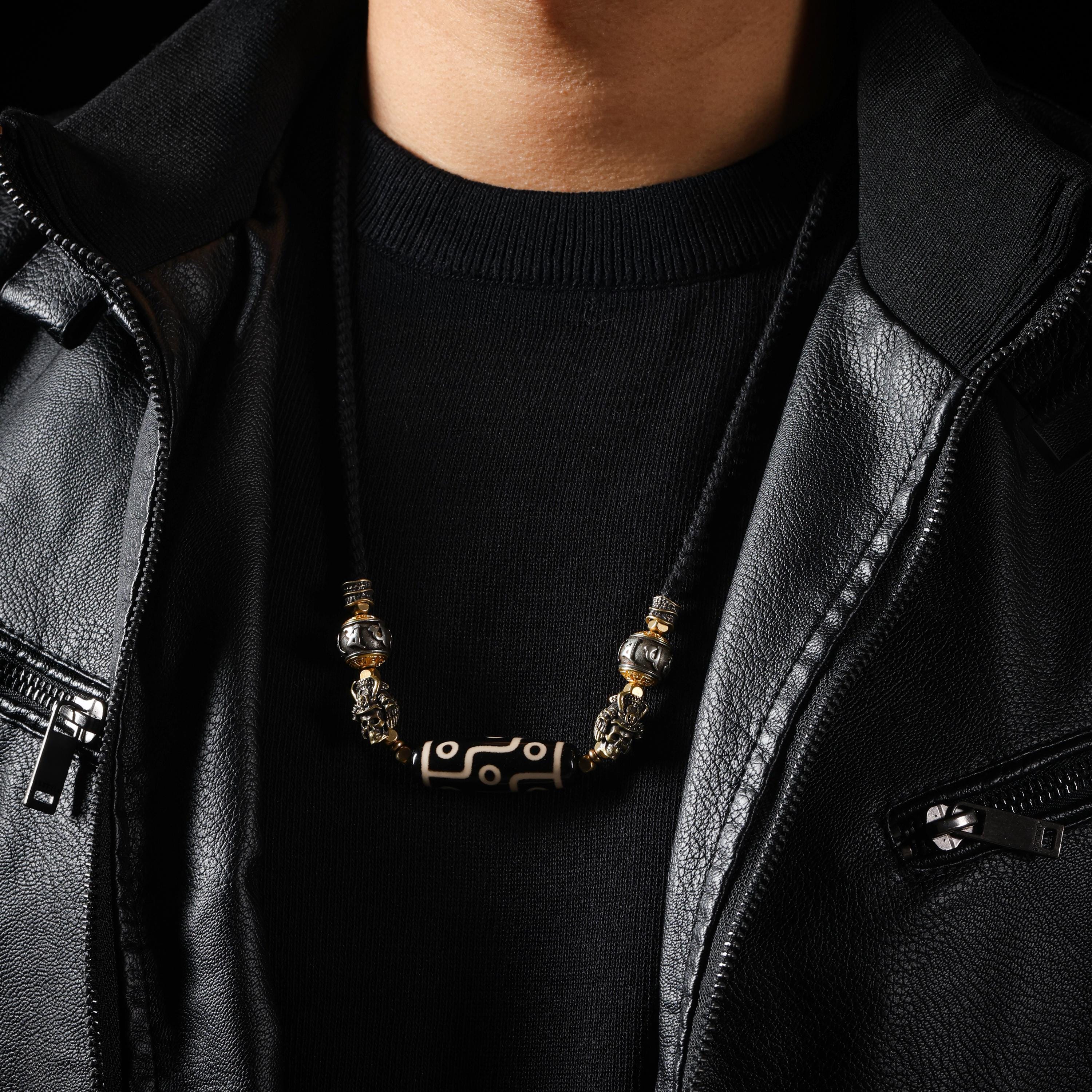 AURA DEER Dzi Bead Necklace, Om Mani Padme Hum, Skull Warrior Charms, Adjustable