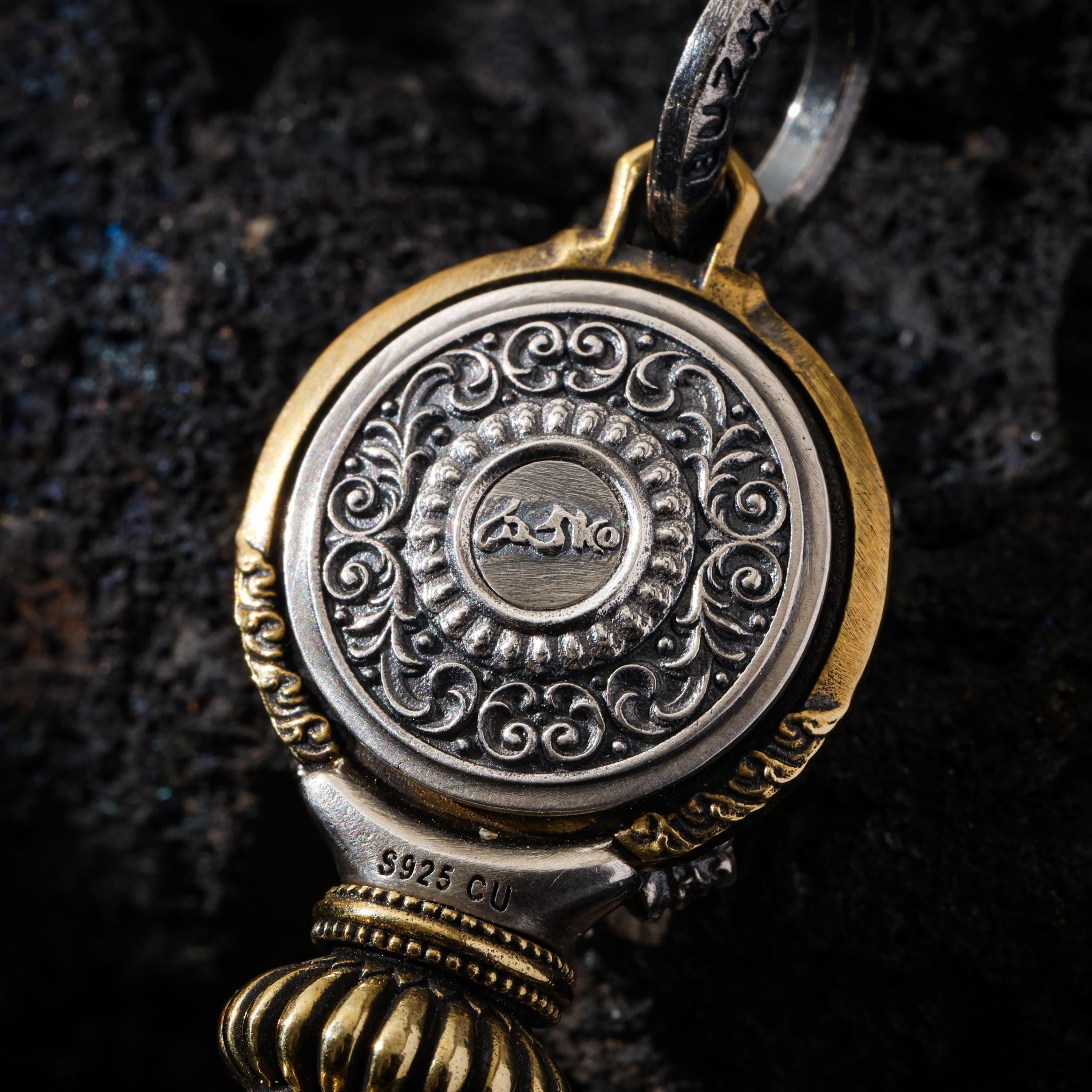 AURA DEER Om Mantra Cube Dice Pendant, Sterling Silver Rotating Talisman Necklace, Gemstone Accents