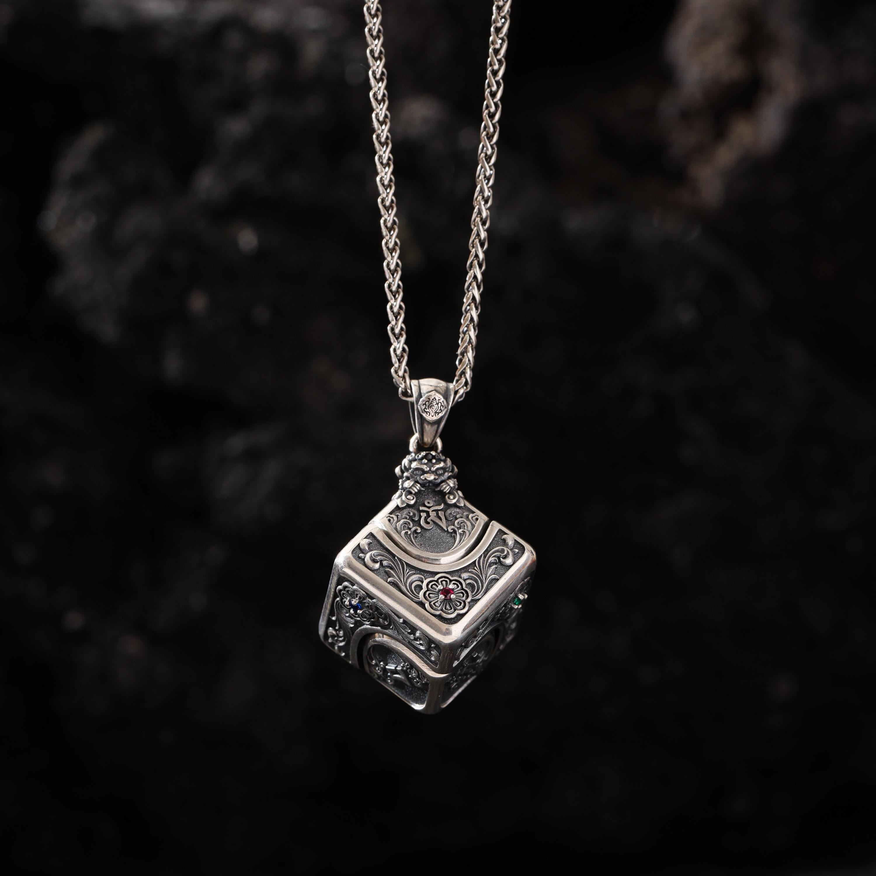 AURA DEER Om Mantra Cube Dice Pendant, Sterling Silver Rotating Talisman Necklace, Gemstone Accents