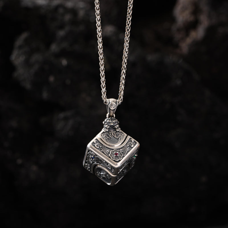 Om Mantra Rotating Cube Pendant Necklace