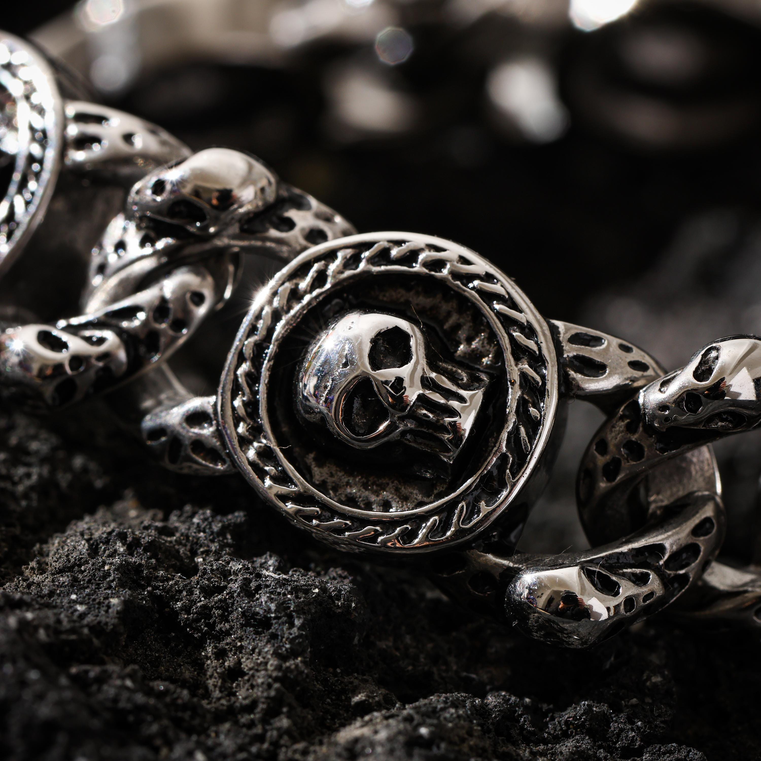 AURA DEER Skull Chain Bracelet, 316L Stainless Steel, Heavy Statement Bracelet, Spring Clasp