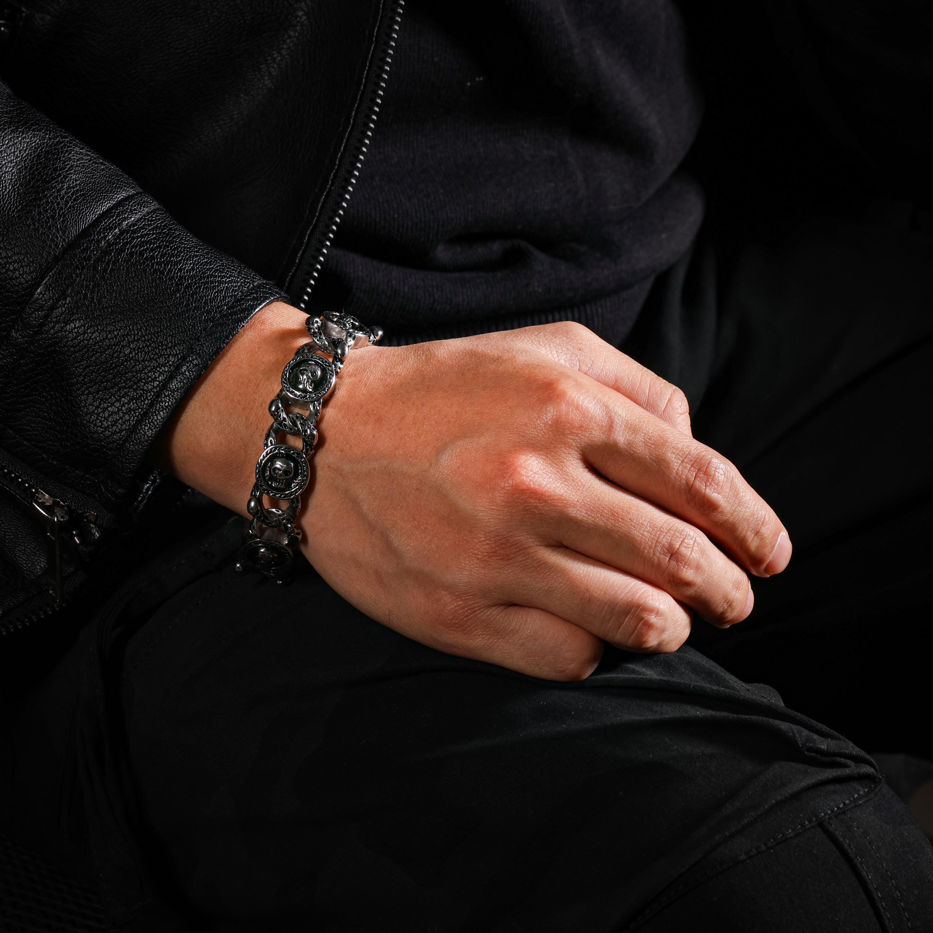 AURA DEER Skull Chain Bracelet, 316L Stainless Steel, Heavy Statement Bracelet, Spring Clasp