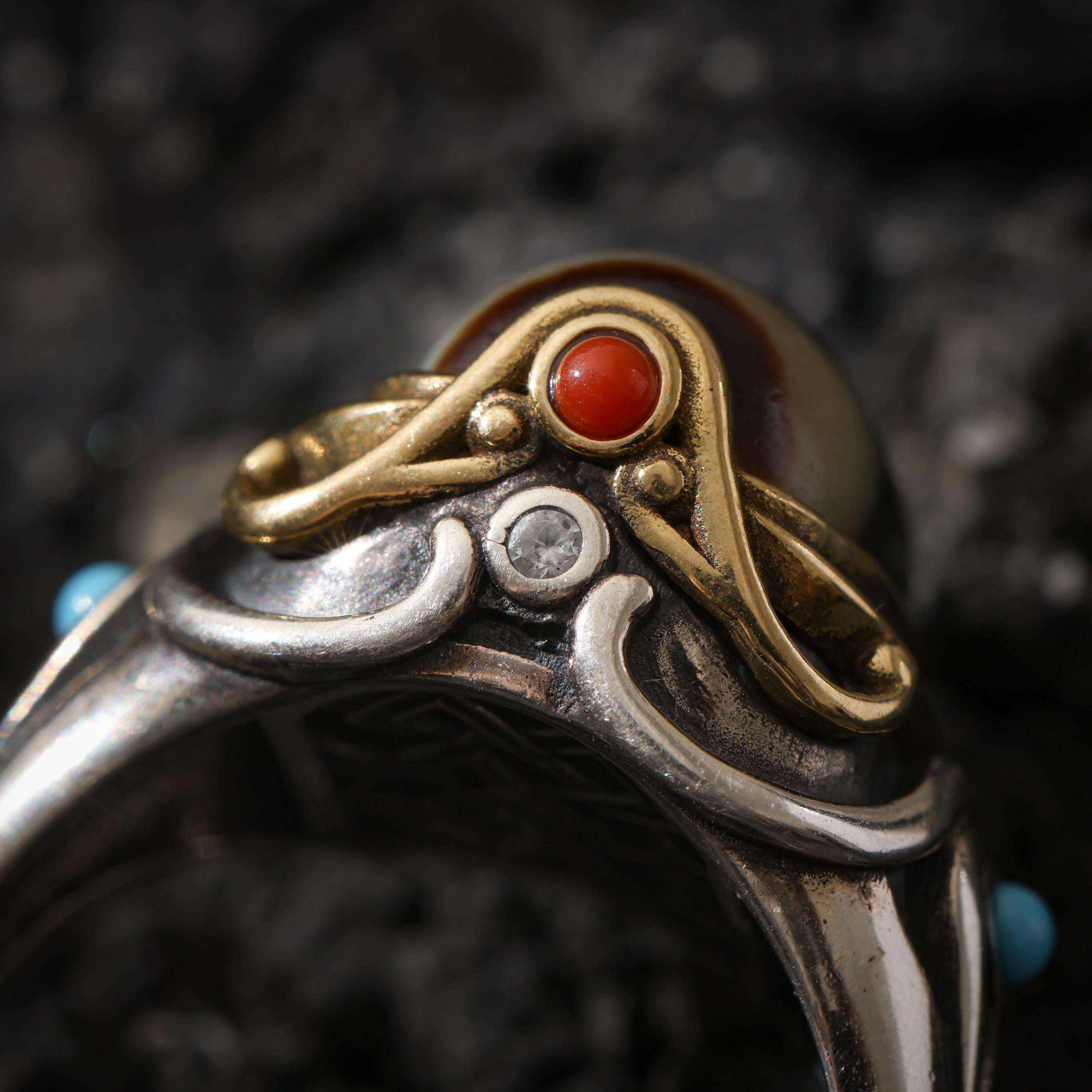 AURA DEER Three-Eyed Dzi Ring Sterling Silver Adjustable Tibetan Statement Ring
