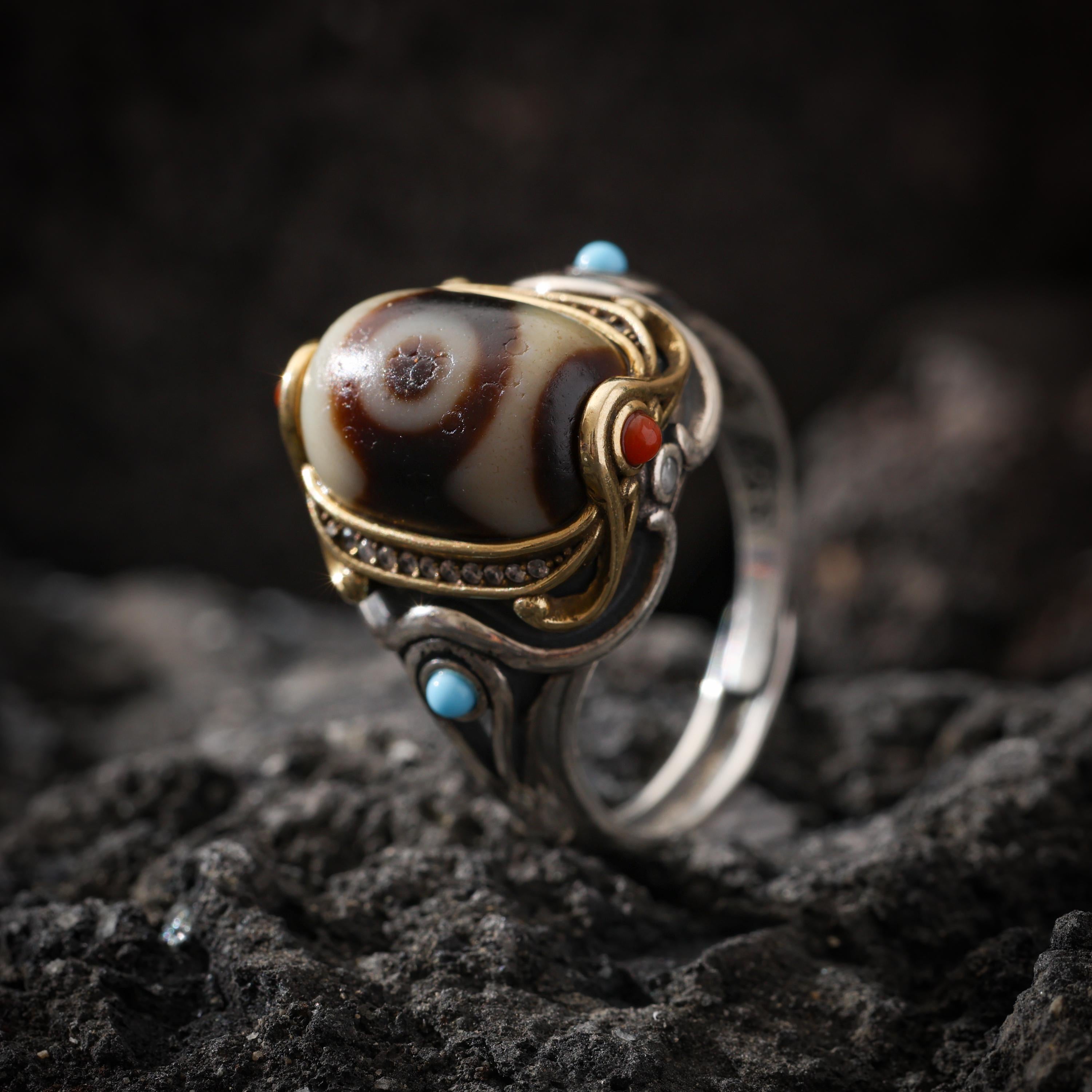 AURA DEER Three-Eyed Dzi Ring Sterling Silver Adjustable Tibetan Statement Ring