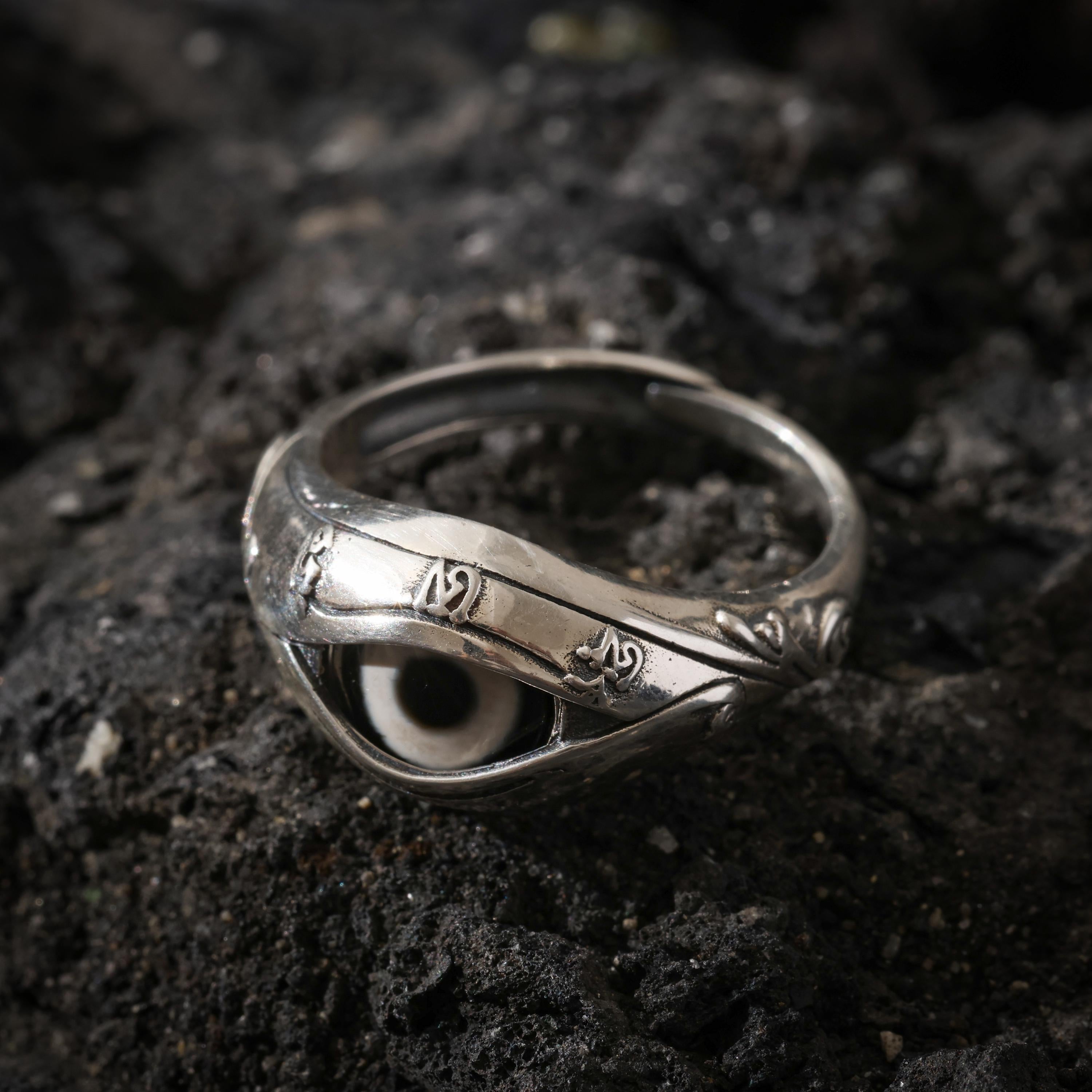 AURA DEER Dzi Ring Sterling Silver Adjustable Tibetan Statement Ring