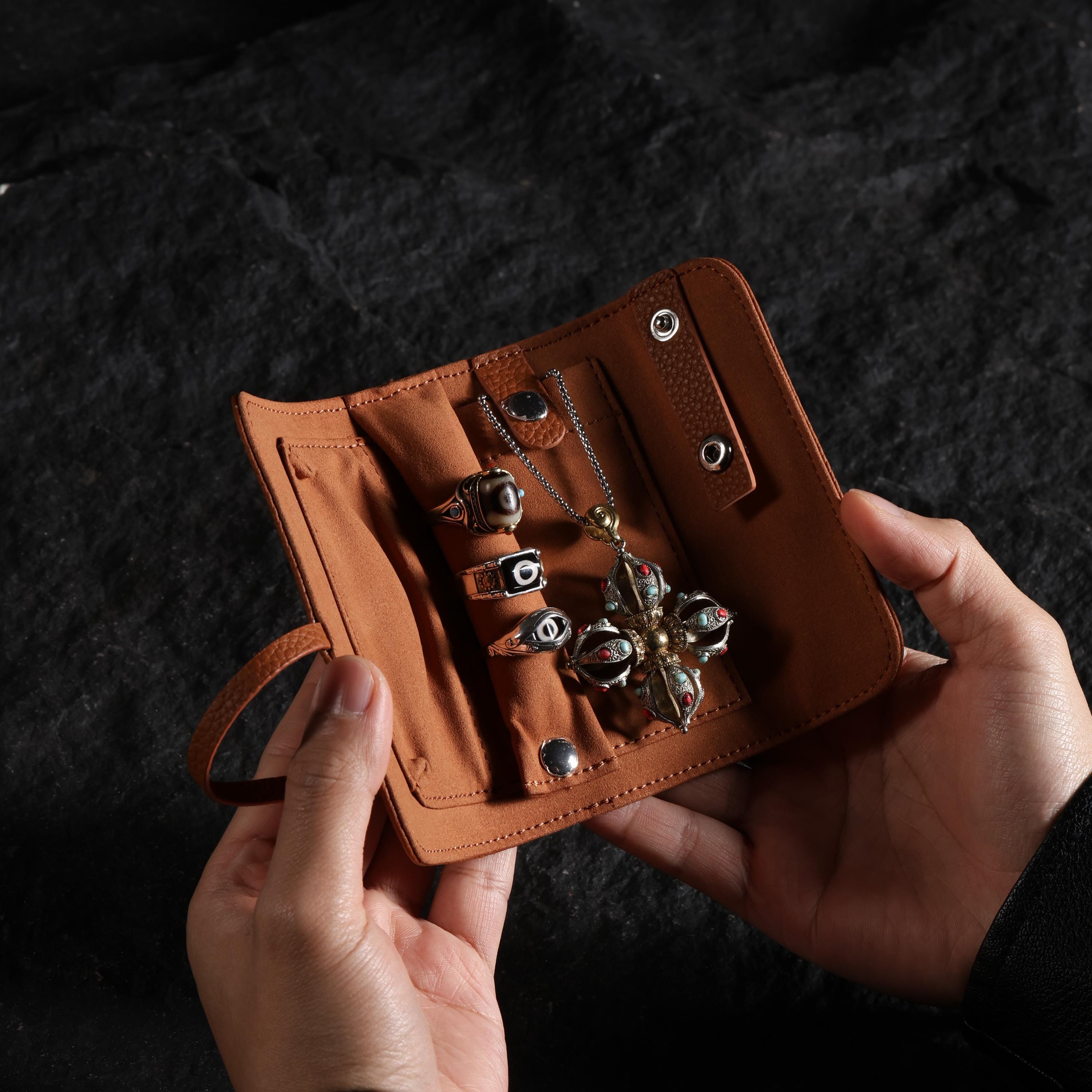 AURA DEER Full-Grain Leather Jewelry Roll, Travel Jewelry Organizer, 3 Colors