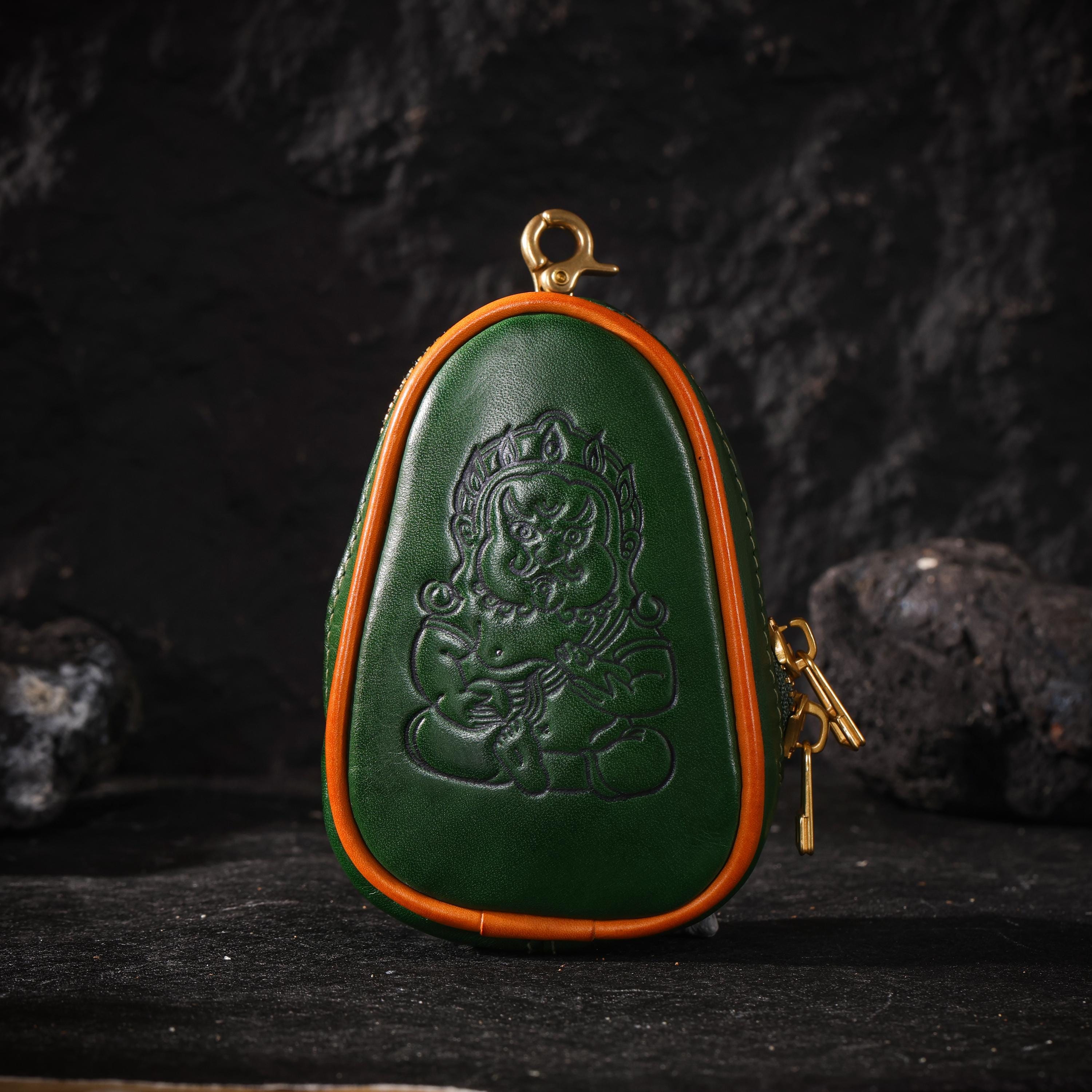 AURA DEER Tibetan Yellow Jambhala Leather Pouch, Vegetable Tanned Cowhide Travel Jewelry Bag