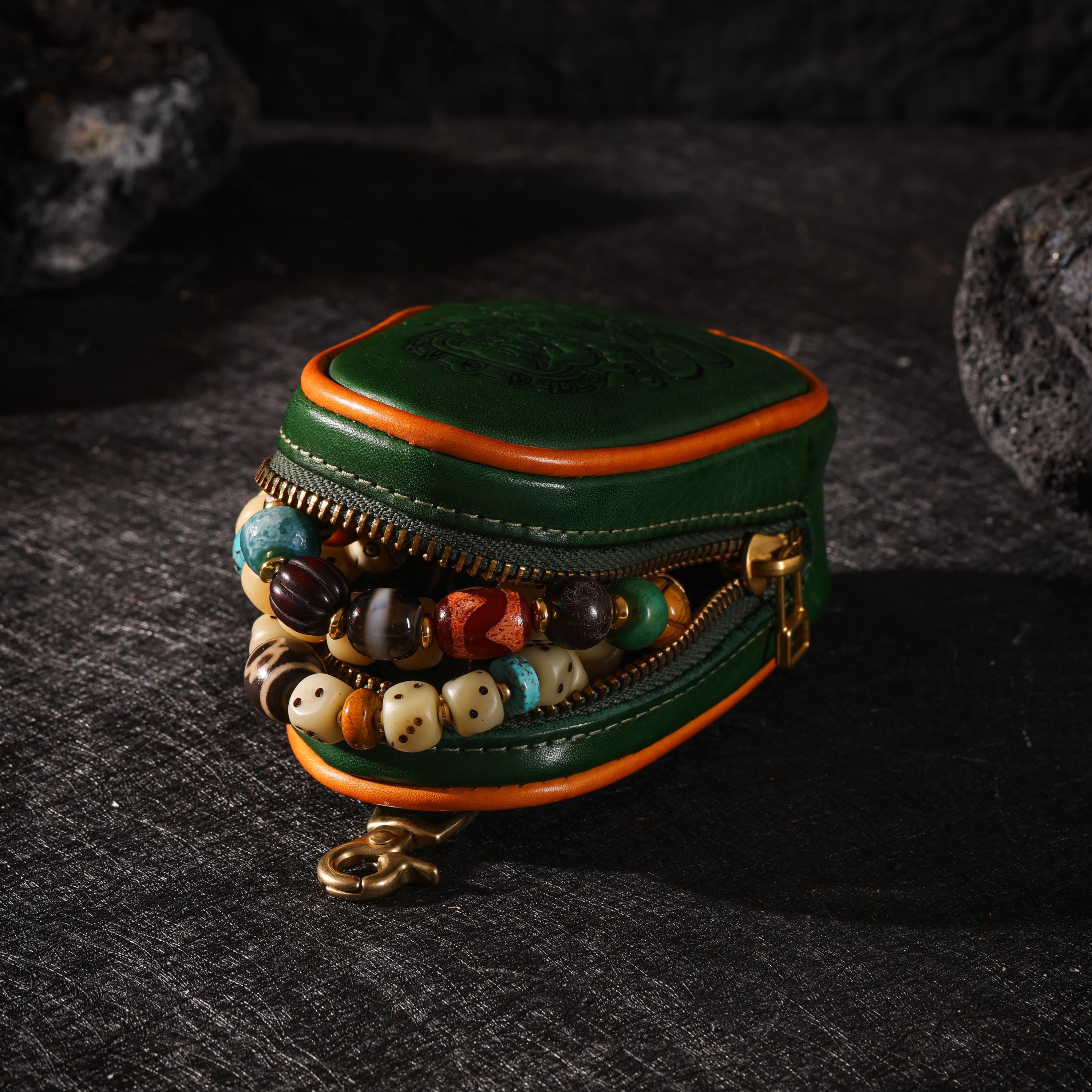 AURA DEER Tibetan Yellow Jambhala Leather Pouch, Vegetable Tanned Cowhide Travel Jewelry Bag