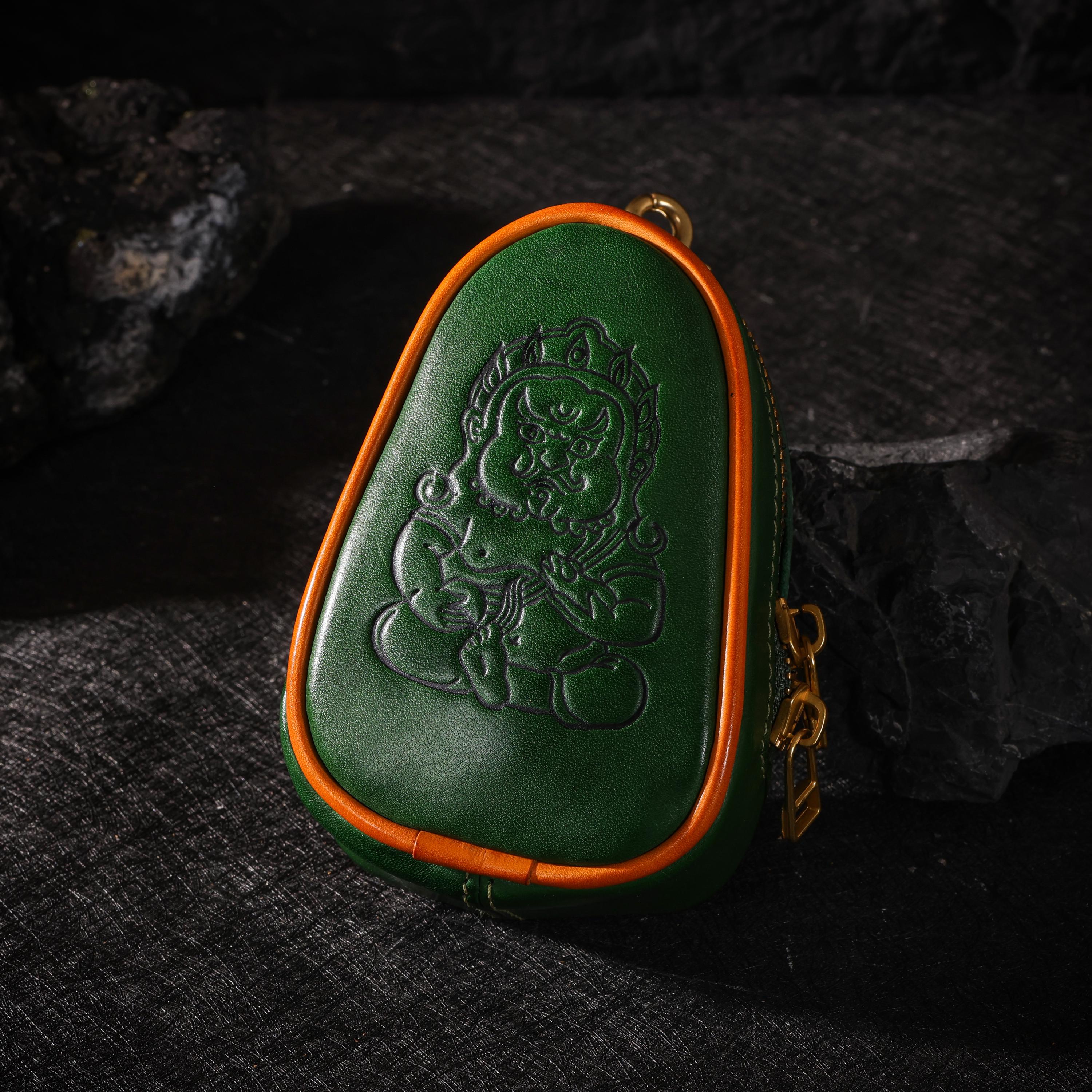 AURA DEER Tibetan Yellow Jambhala Leather Pouch, Vegetable Tanned Cowhide Travel Jewelry Bag