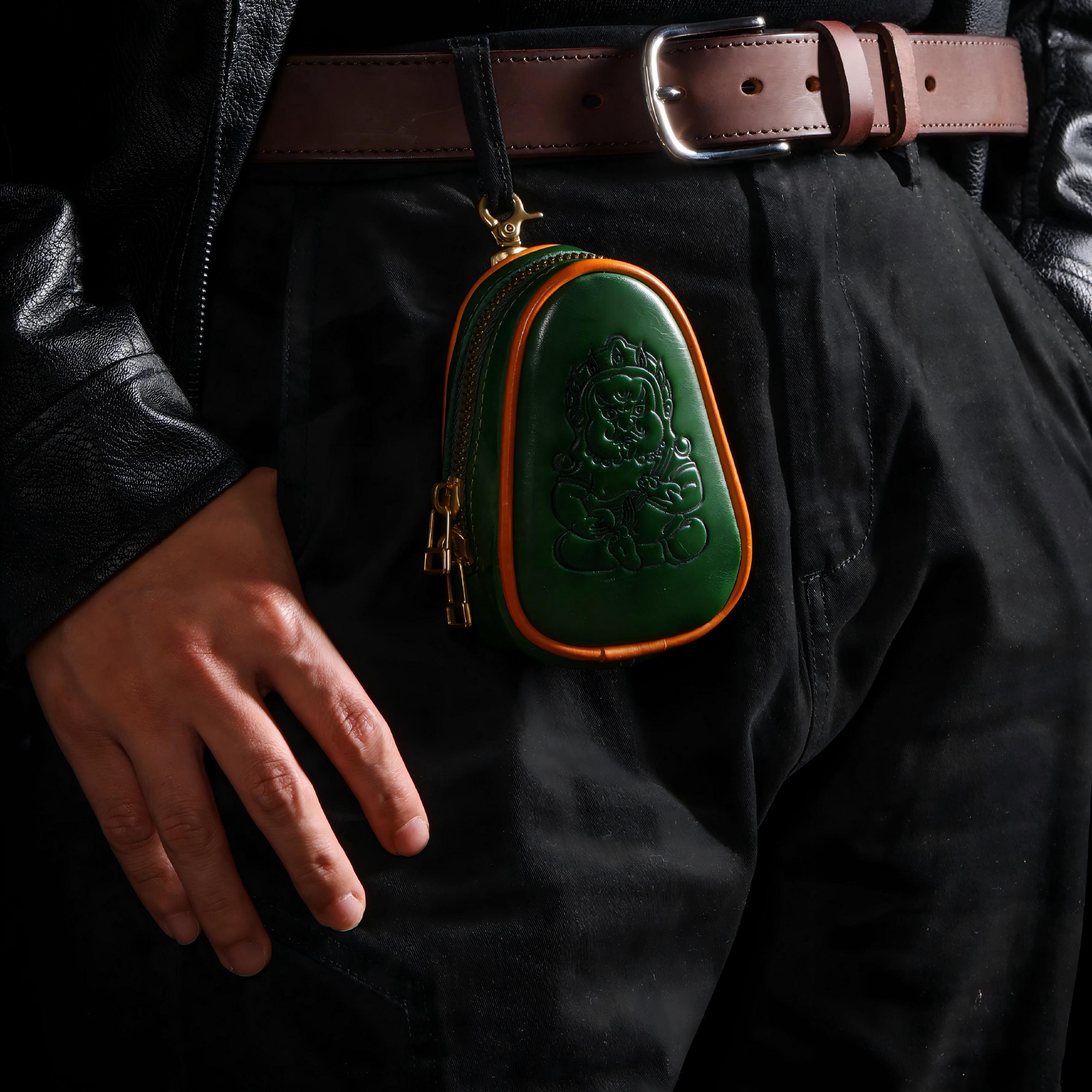 AURA DEER Tibetan Yellow Jambhala Leather Pouch, Vegetable Tanned Cowhide Travel Jewelry Bag