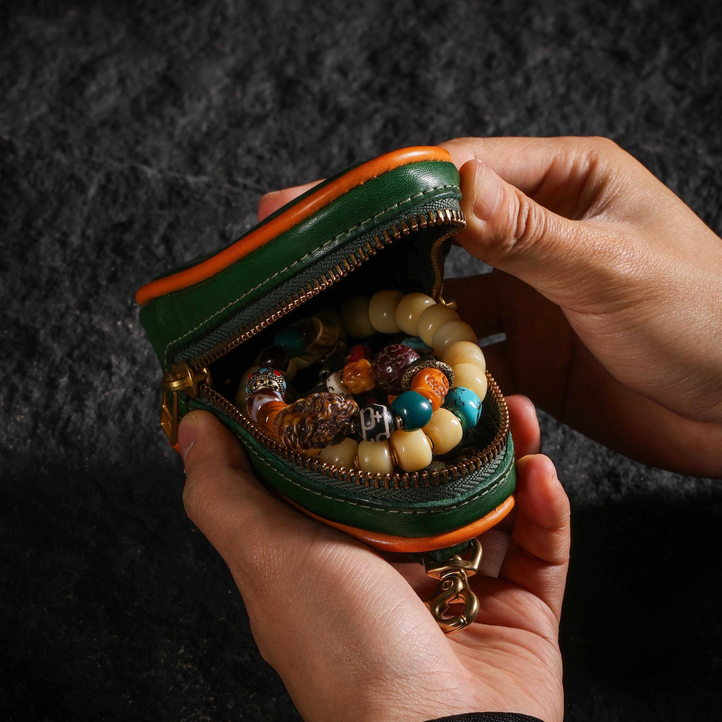 AURA DEER Tibetan Yellow Jambhala Leather Pouch, Vegetable Tanned Cowhide Travel Jewelry Bag