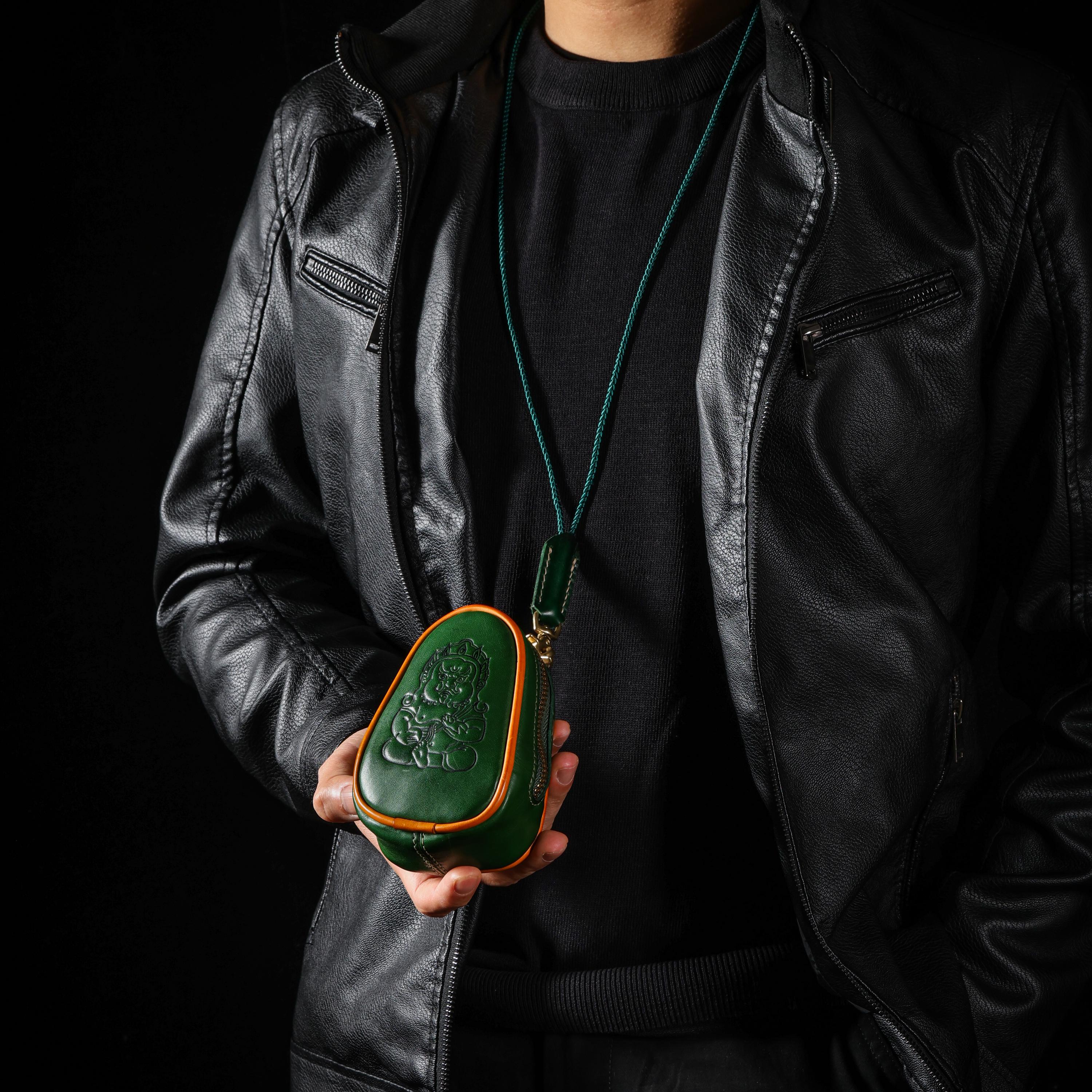 AURA DEER Tibetan Yellow Jambhala Leather Pouch, Vegetable Tanned Cowhide Travel Jewelry Bag