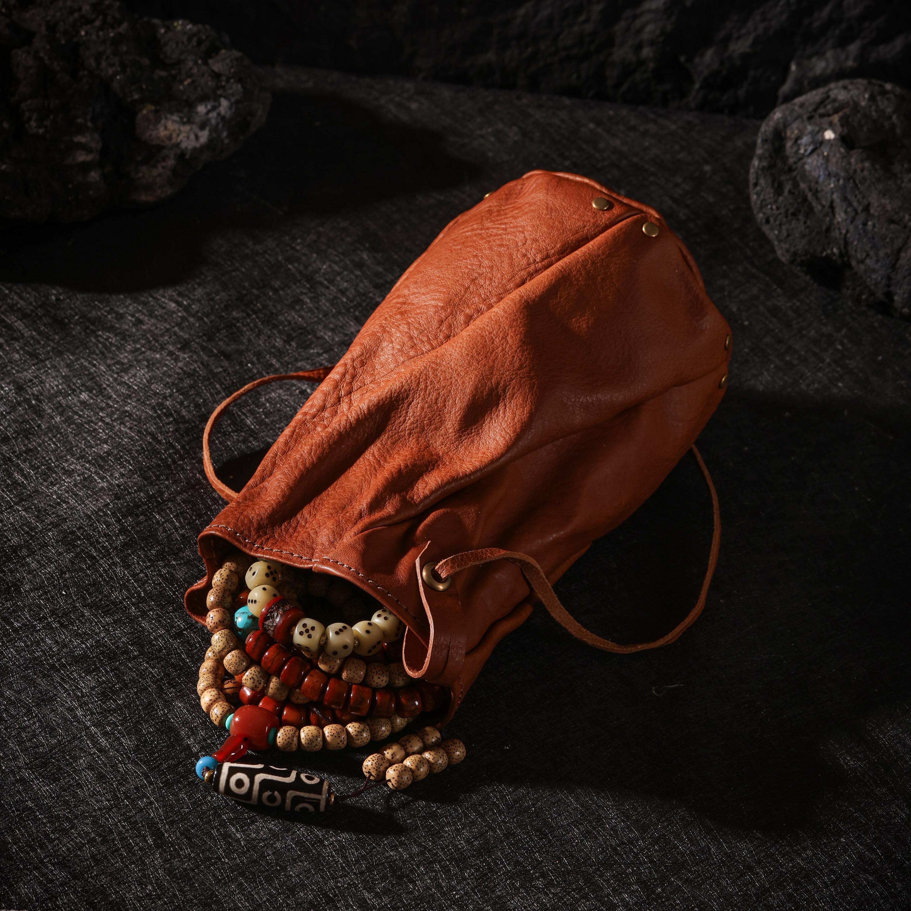 AURA DEER Vegetable Tanned Leather Drawstring Pouch, Belt Pouch & Clip Bag