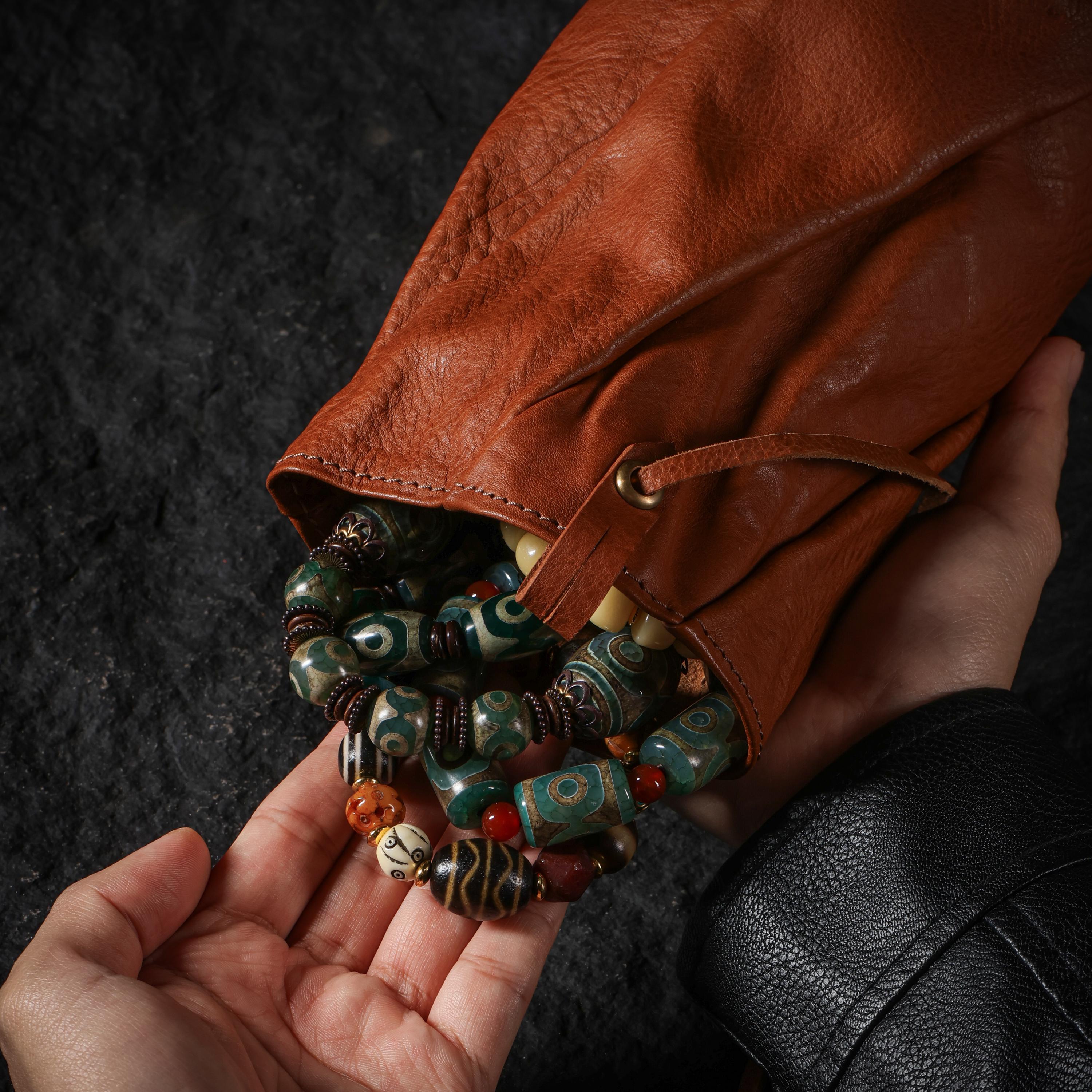 AURA DEER Vegetable Tanned Leather Drawstring Pouch, Belt Pouch & Clip Bag