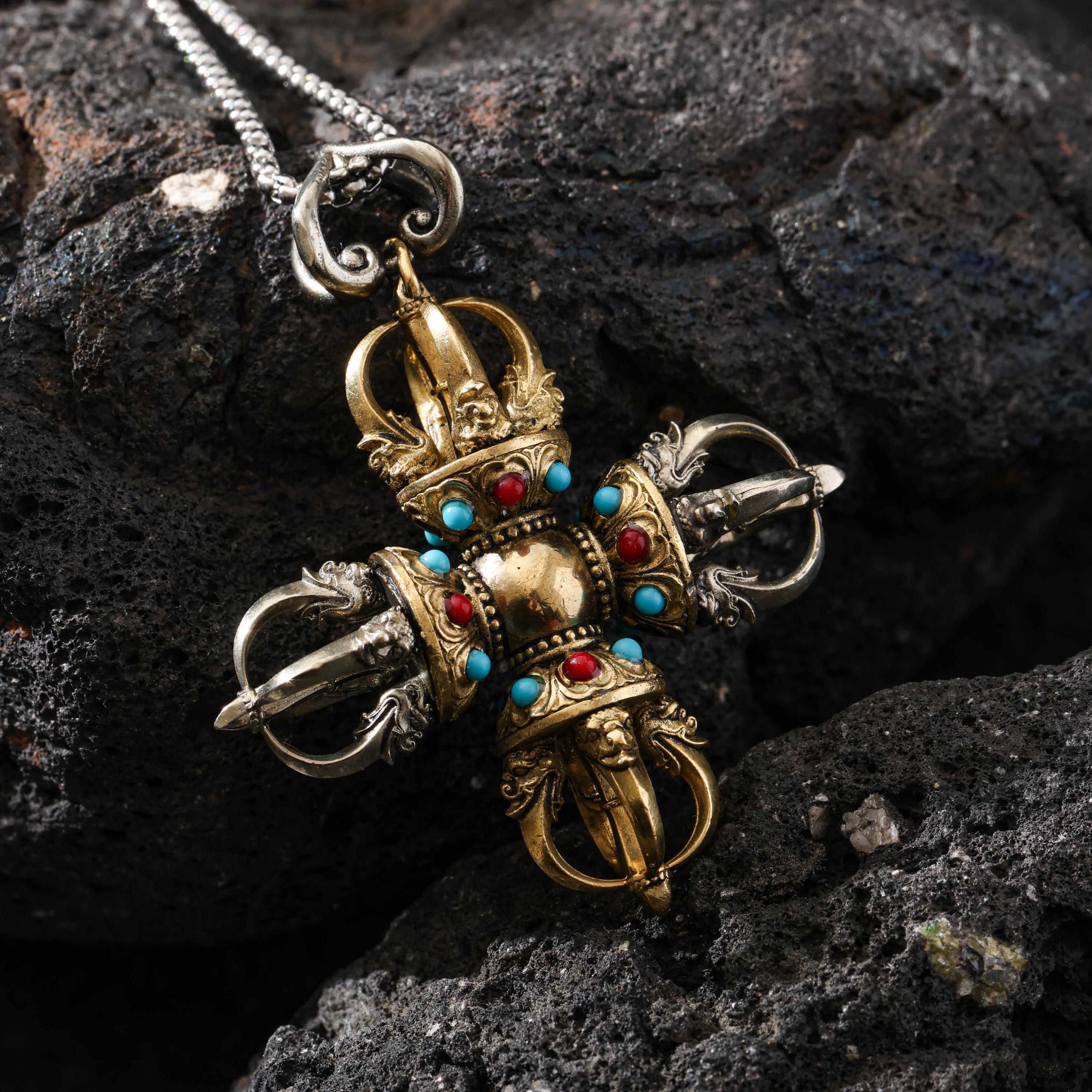 AURA DEER Cross Vajra Pendant Tibetan Amulet