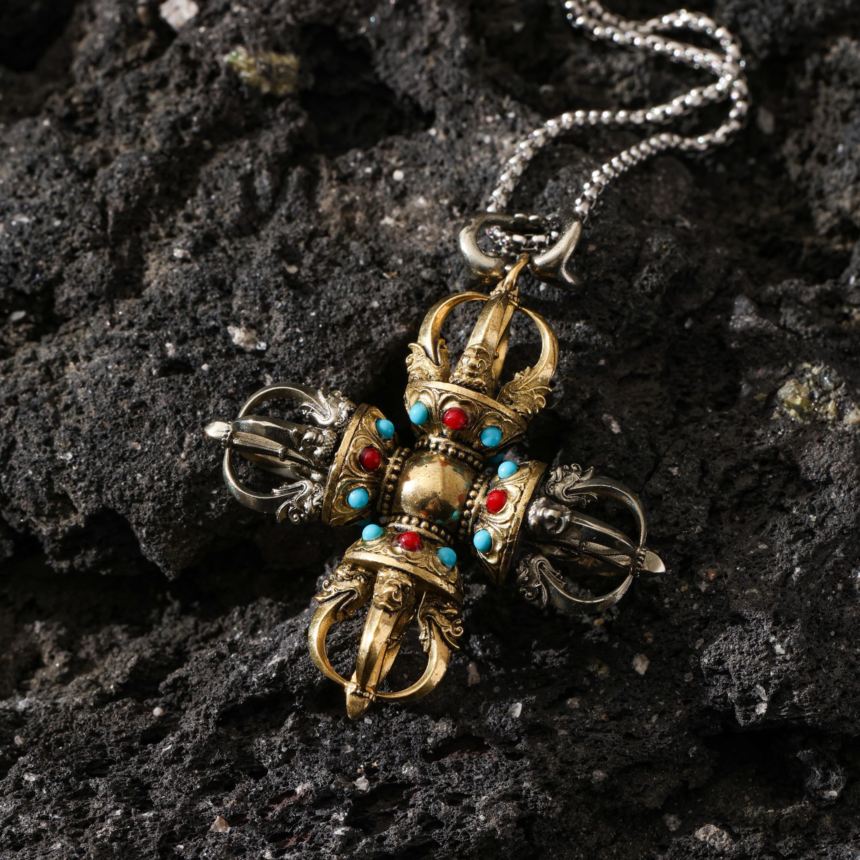 AURA DEER Cross Vajra Pendant Tibetan Amulet