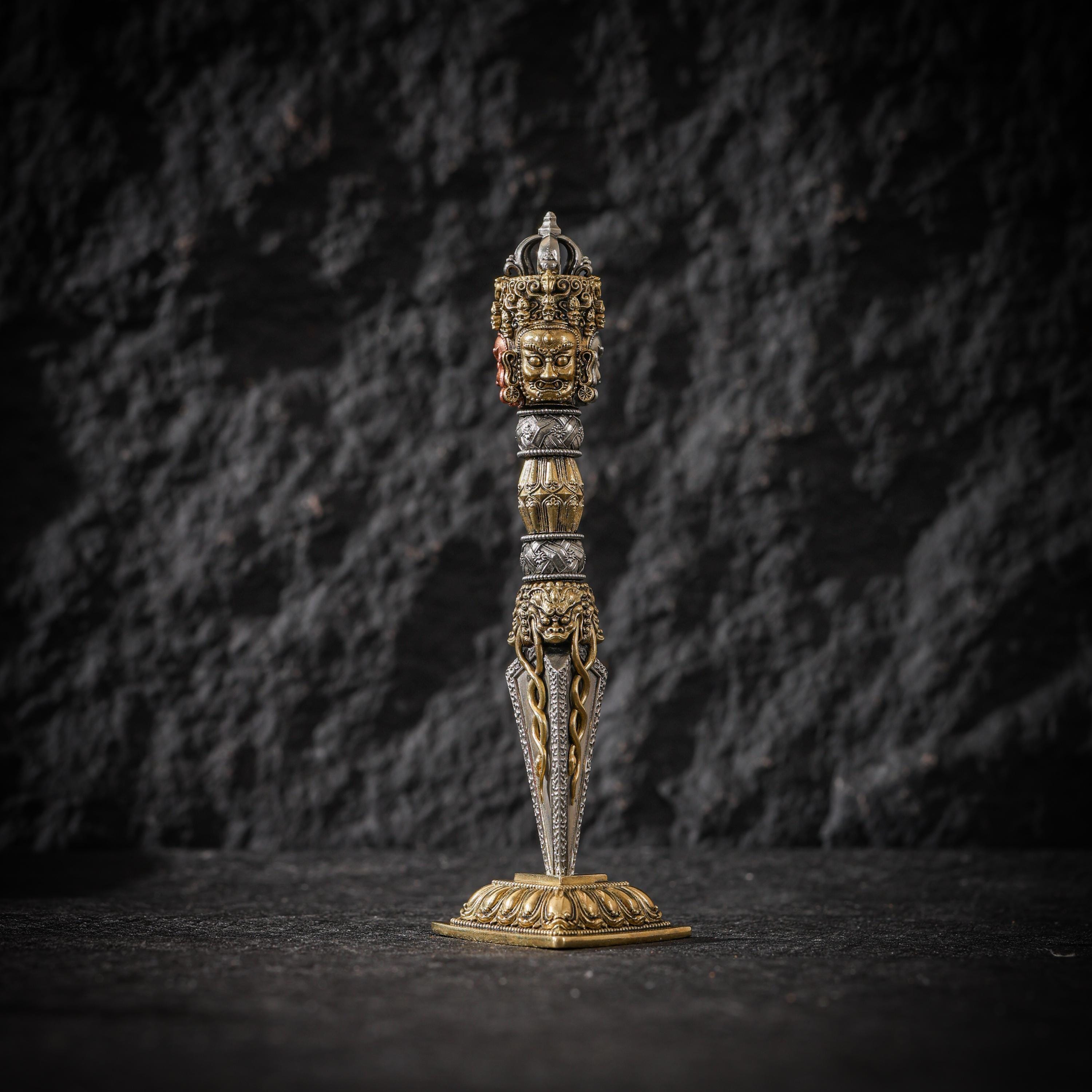 AURA DEER Tibetan Brass Phurba Dagger Statue, Vajrakilaya Ritual Decor, Three-Sided Vajra with Stand