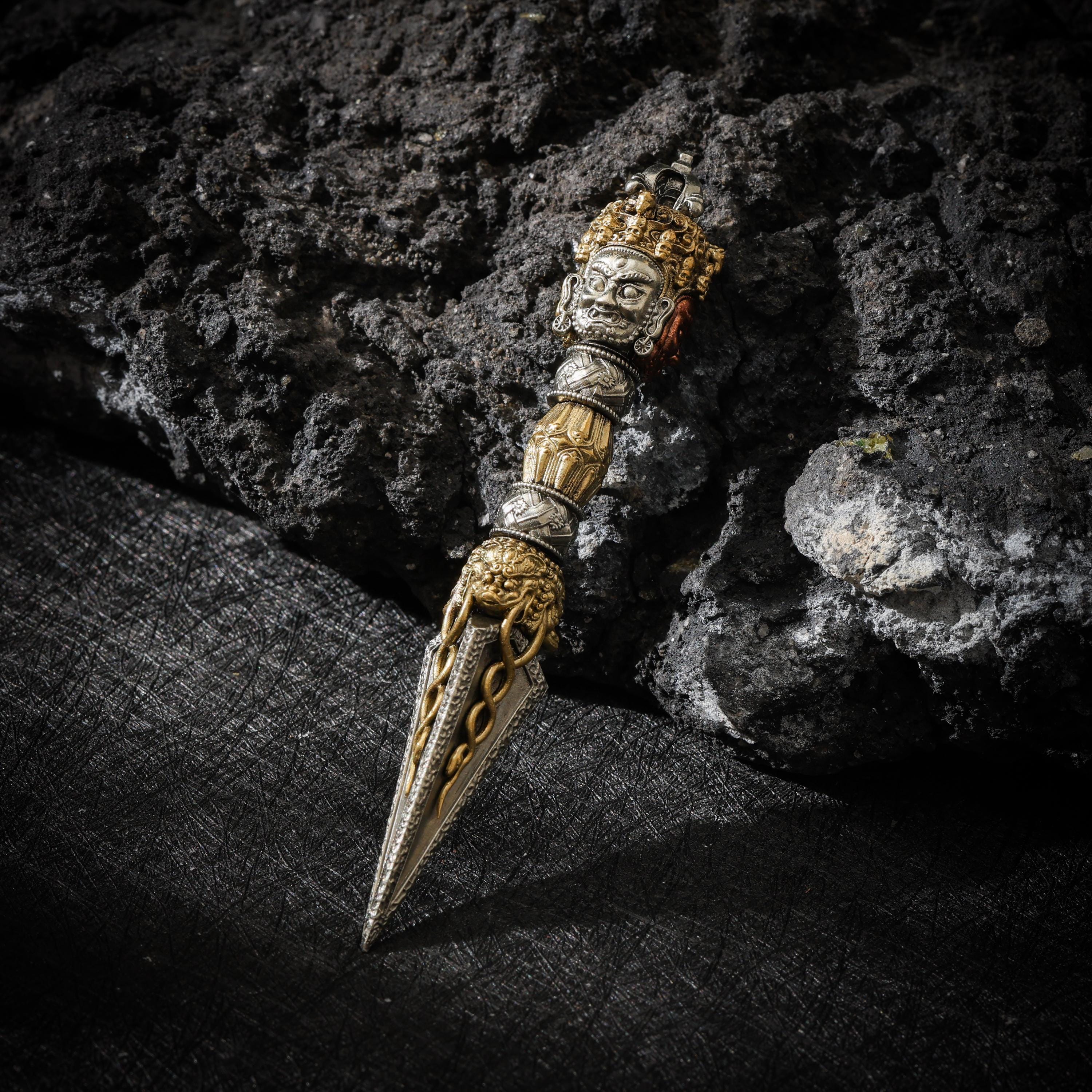 AURA DEER Tibetan Brass Phurba Dagger Statue, Vajrakilaya Ritual Decor, Three-Sided Vajra with Stand