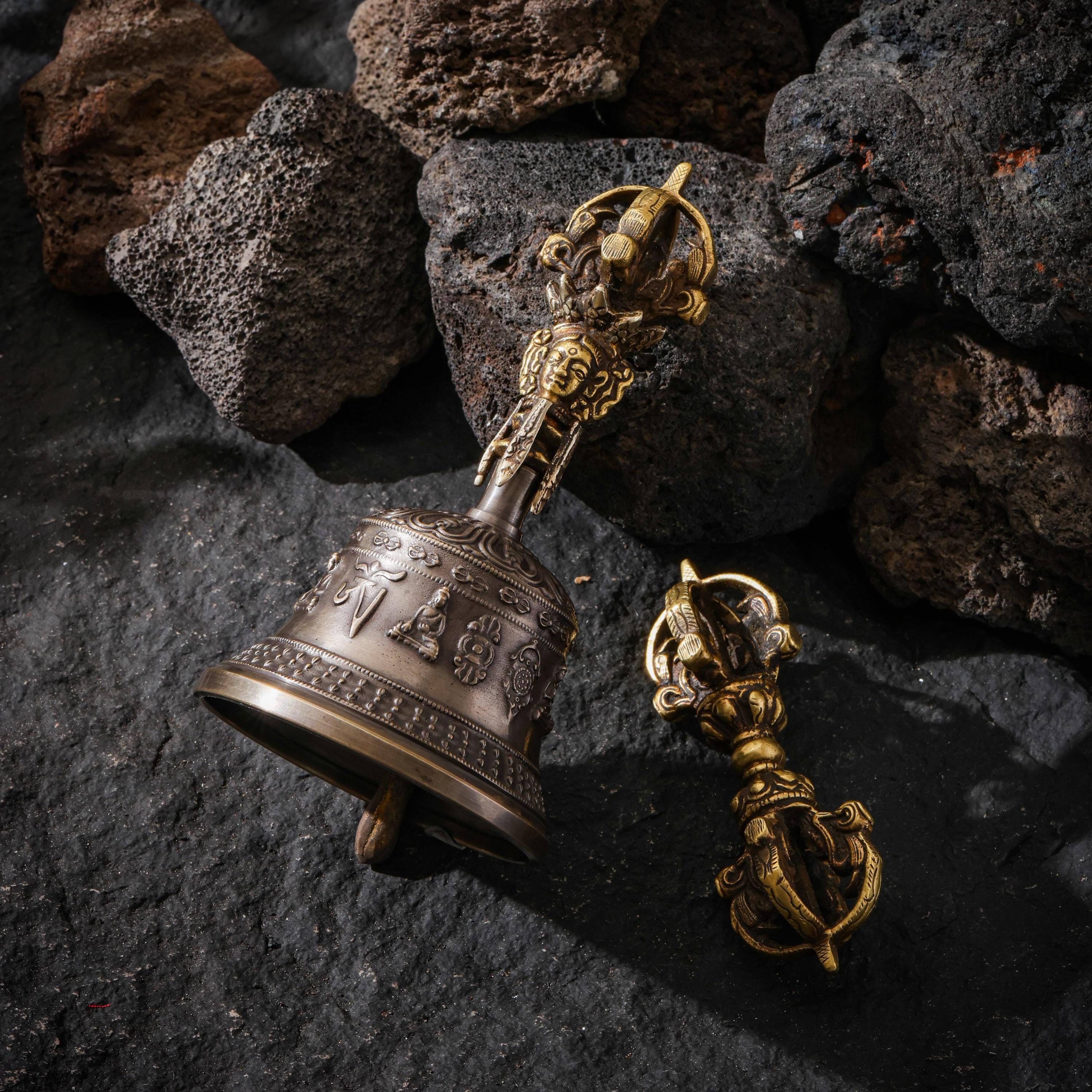 AURA DEER Tibetan Brass Bell and Vajra Set, Five-Prong Dorje, Altar Decor, Meditation Ritual