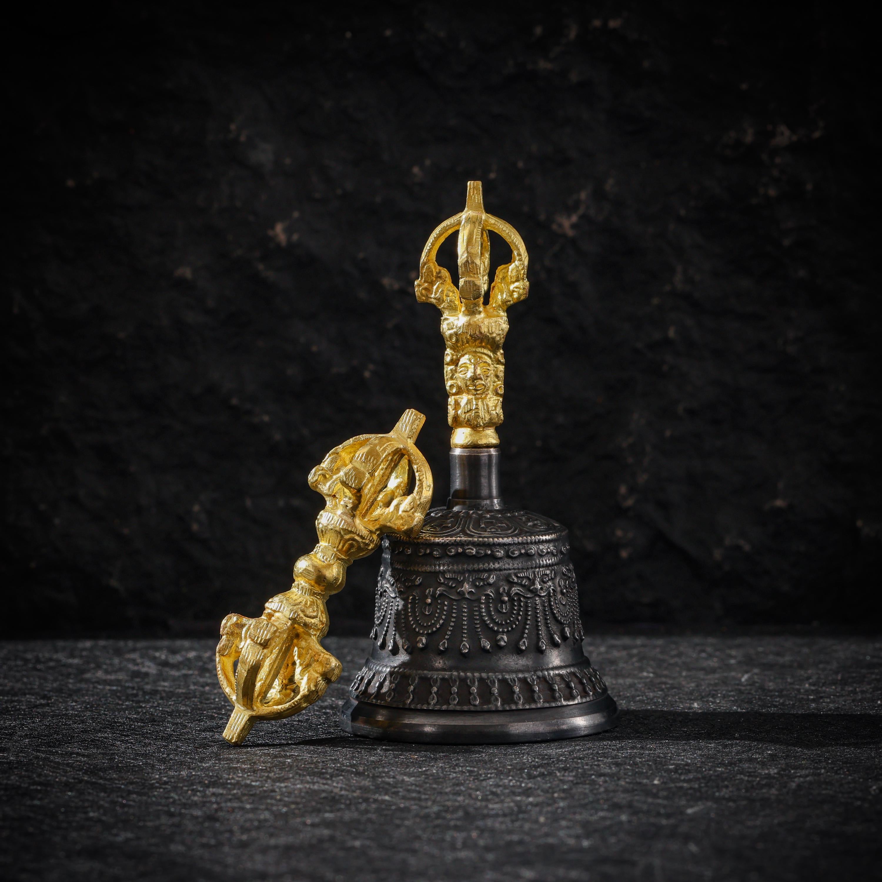 AURA DEER Tibetan Brass Bell and Vajra Set, Five-Prong Dorje, Altar Decor, Meditation Ritual