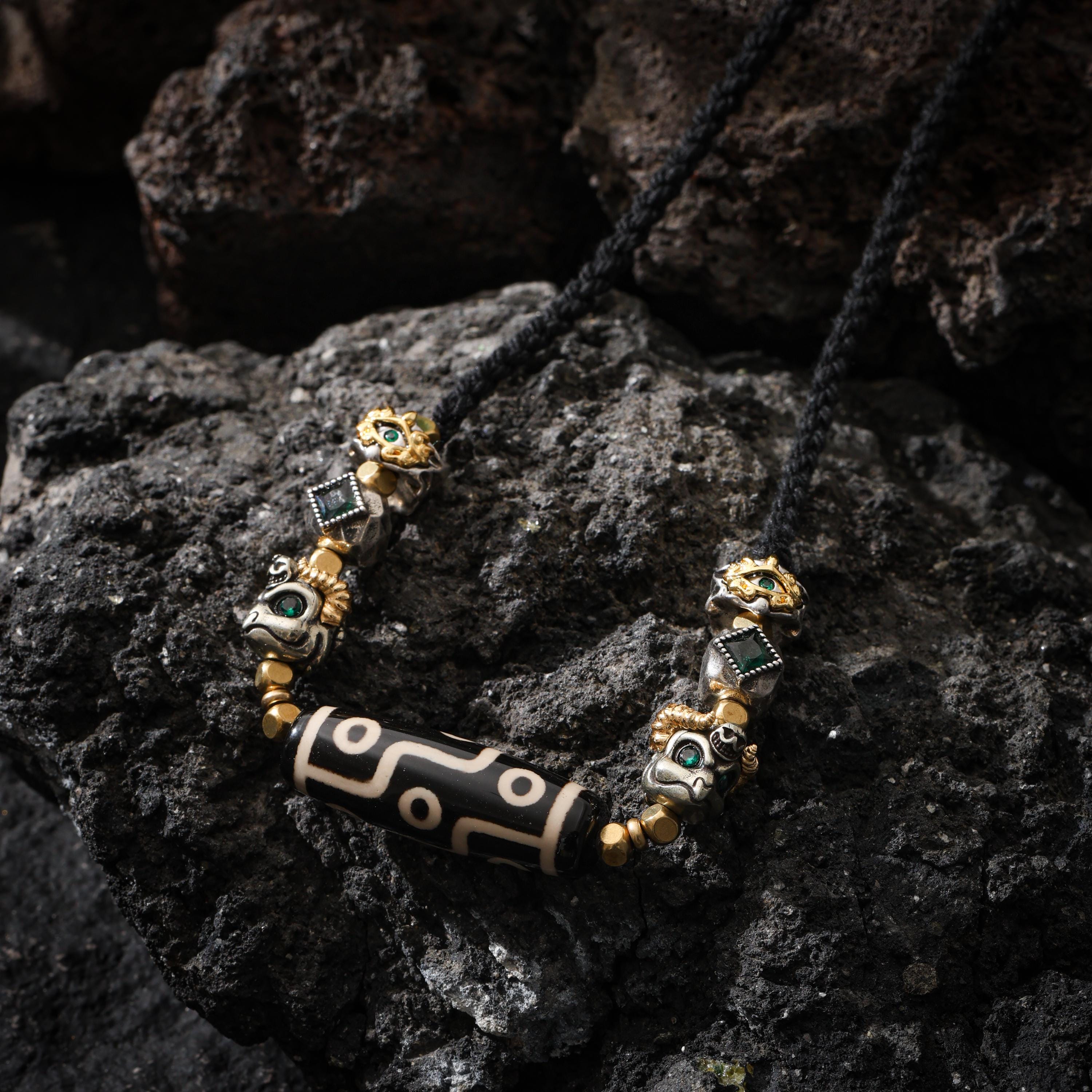 AURA DEER Tibetan Dzi Bead Necklace, Garuda Charms, Gemstone Accents, Adjustable