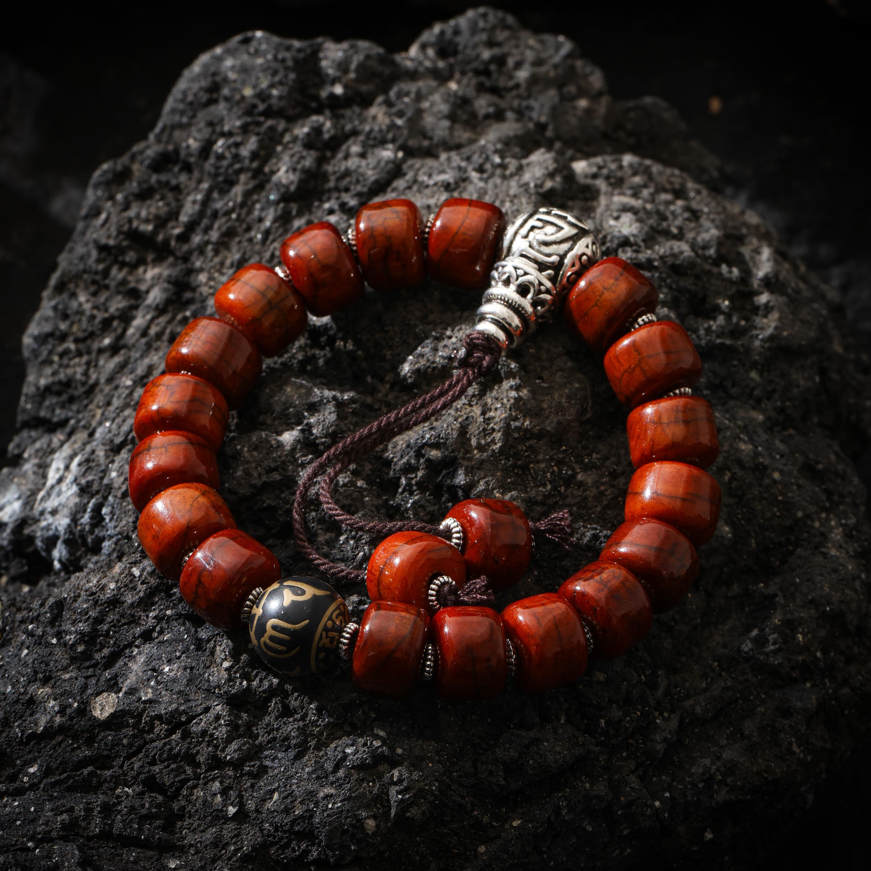 AURA DEER Yak Bone Bracelet with Om Mani Padme Hum Bead, Adjustable Bracelet