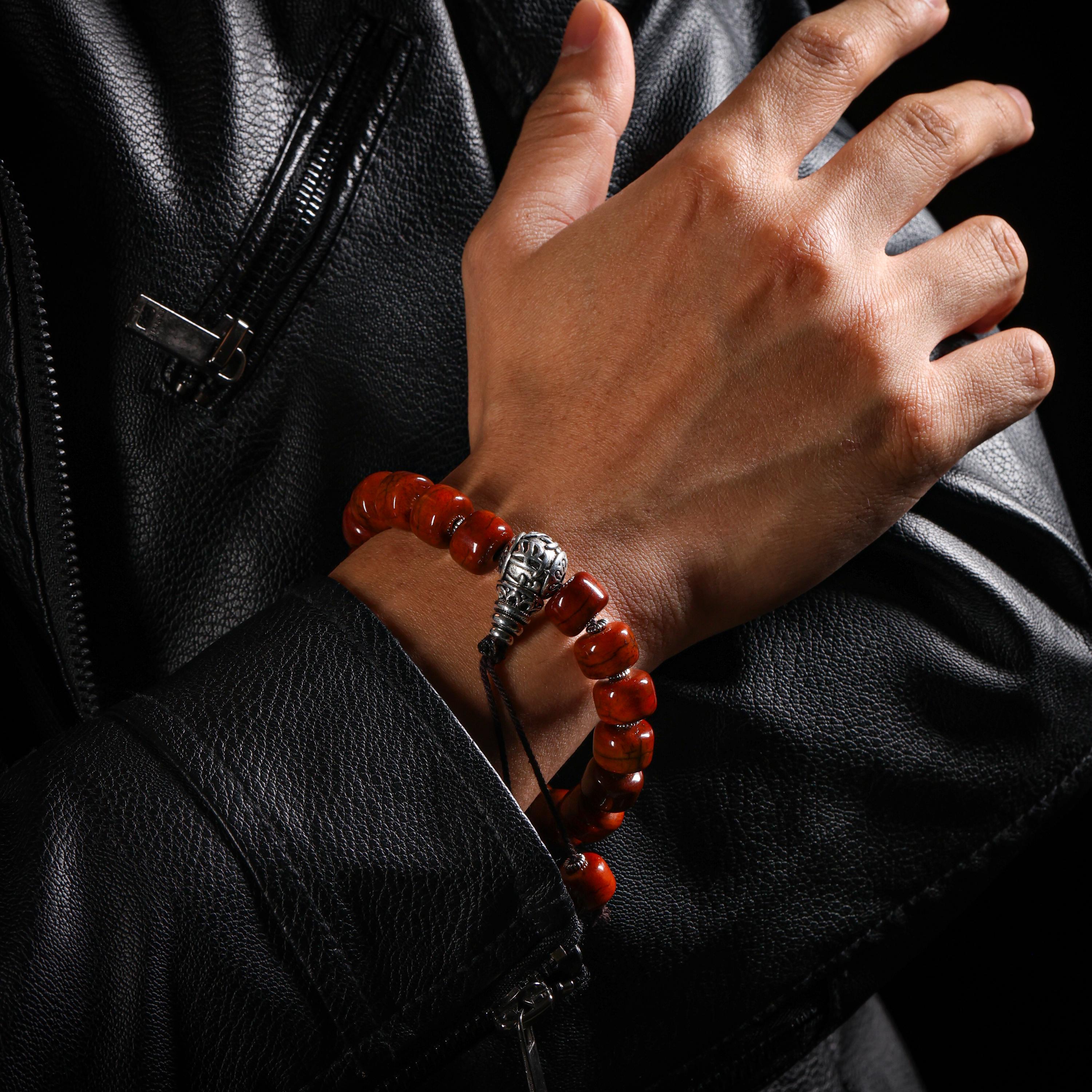 AURA DEER Yak Bone Bracelet with Om Mani Padme Hum Bead, Adjustable Bracelet