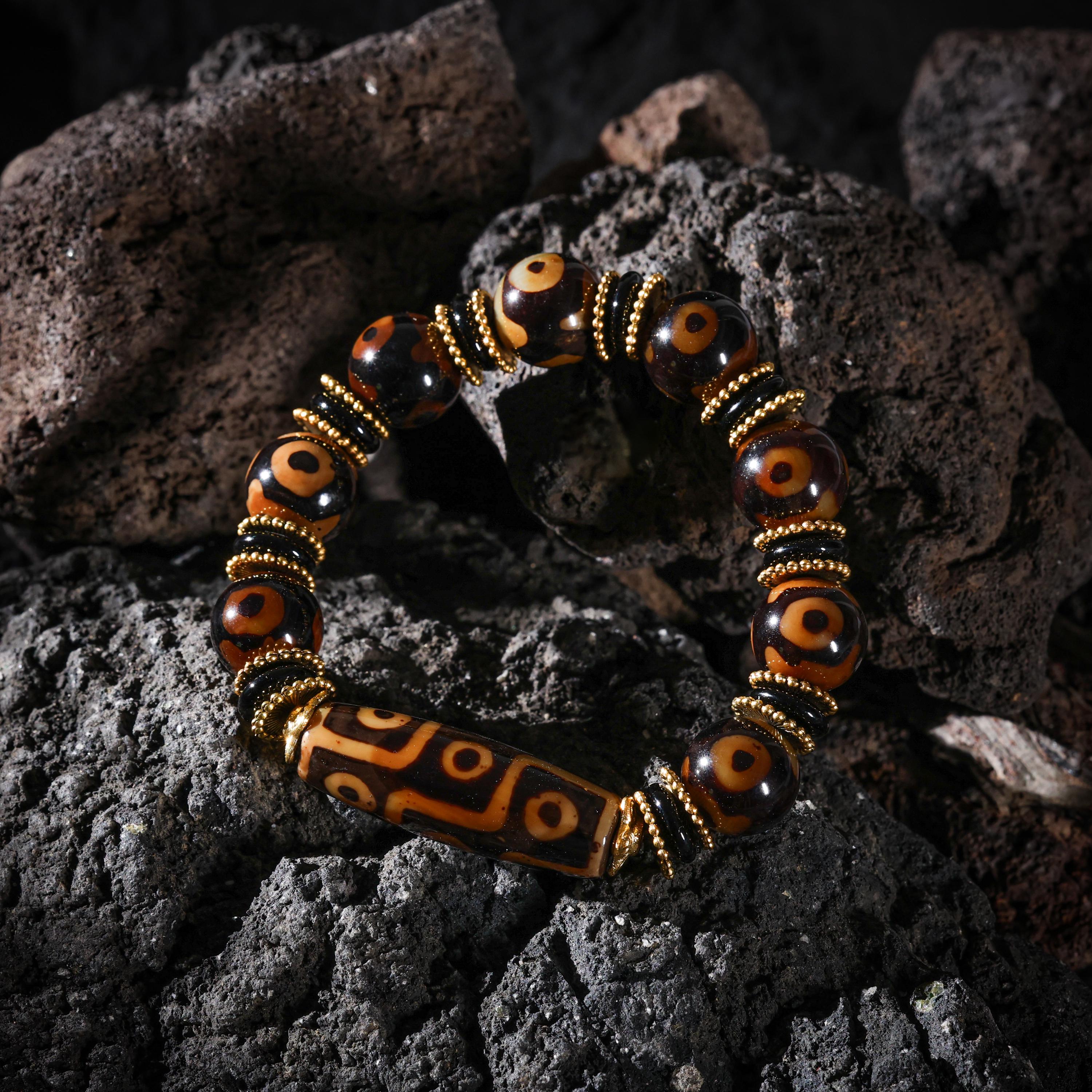 AURA DEER Tibetan Dzi Bead Bracelet, Om Mani Padme Hum Accent Bead