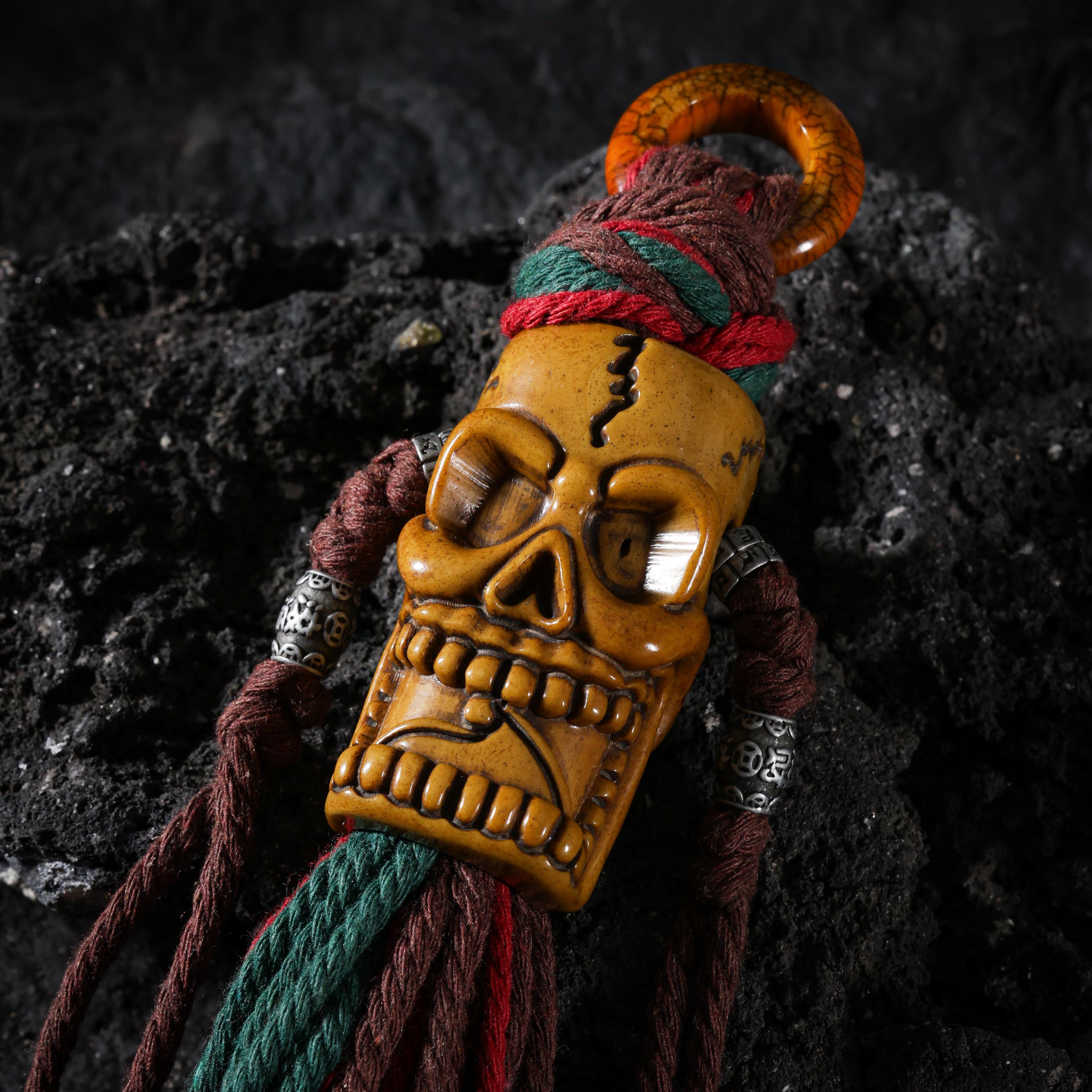 AURA DEER Tibetan Carved Bone Talisman Amulet, Bag Keychain, Memento Mori