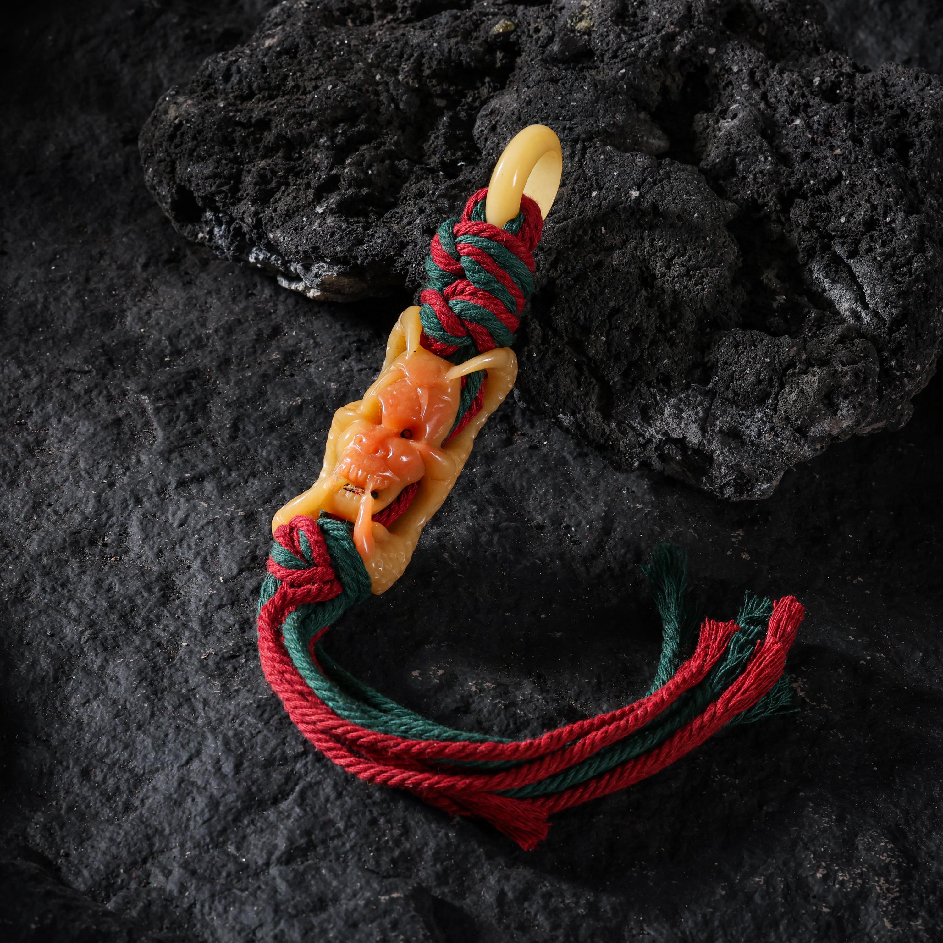 AURA DEER Tibetan Carved Bone Talisman Amulet, Bag Keychain, Memento Mori