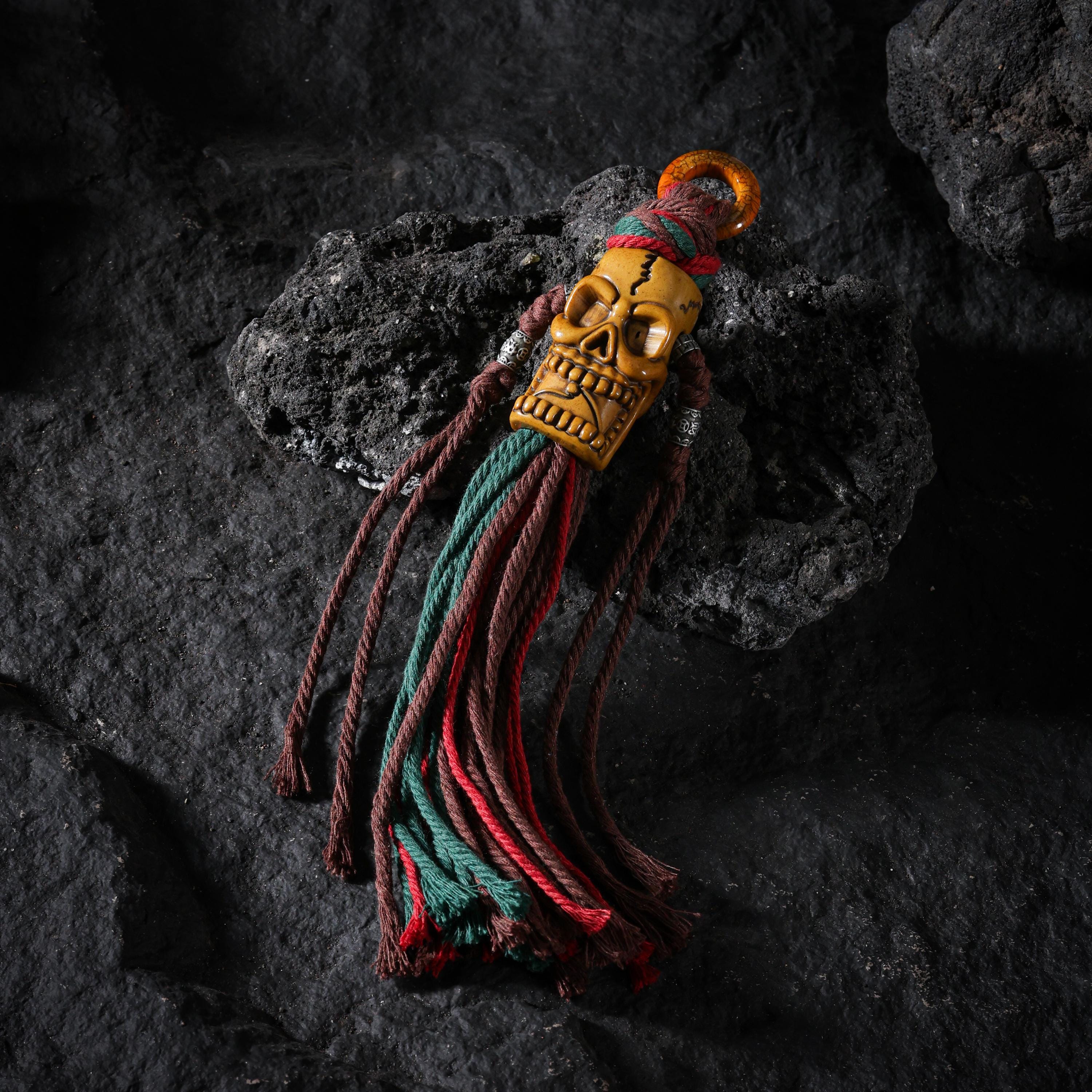 AURA DEER Tibetan Carved Bone Talisman Amulet, Bag Keychain, Memento Mori